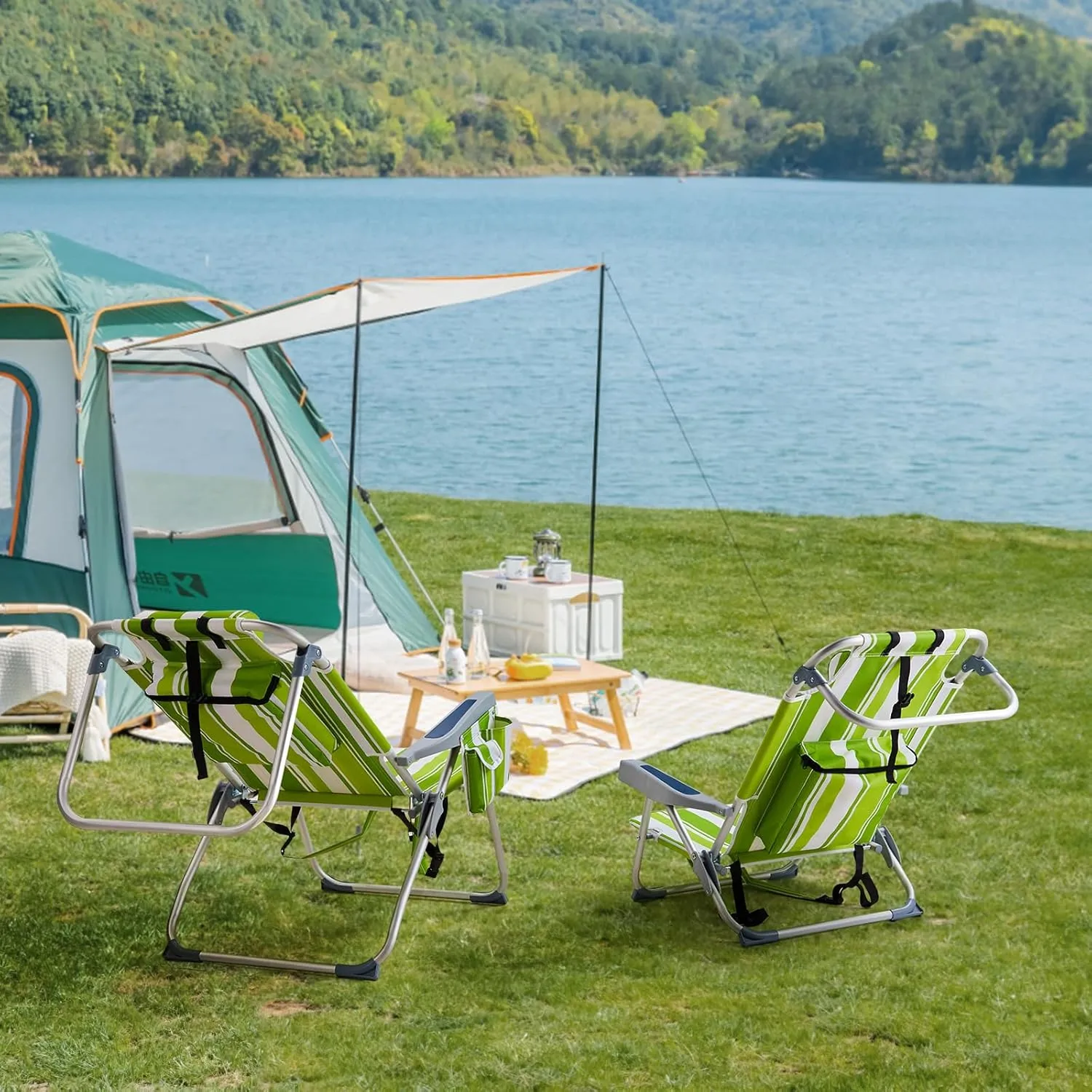 Folding Oversized Backpack Beach Chair 5-Position with Headrest & Cup Holder - Portable Aluminum Adjustable Reclining Camping Chair with Storage Bags, Lightweight & Compact, Green