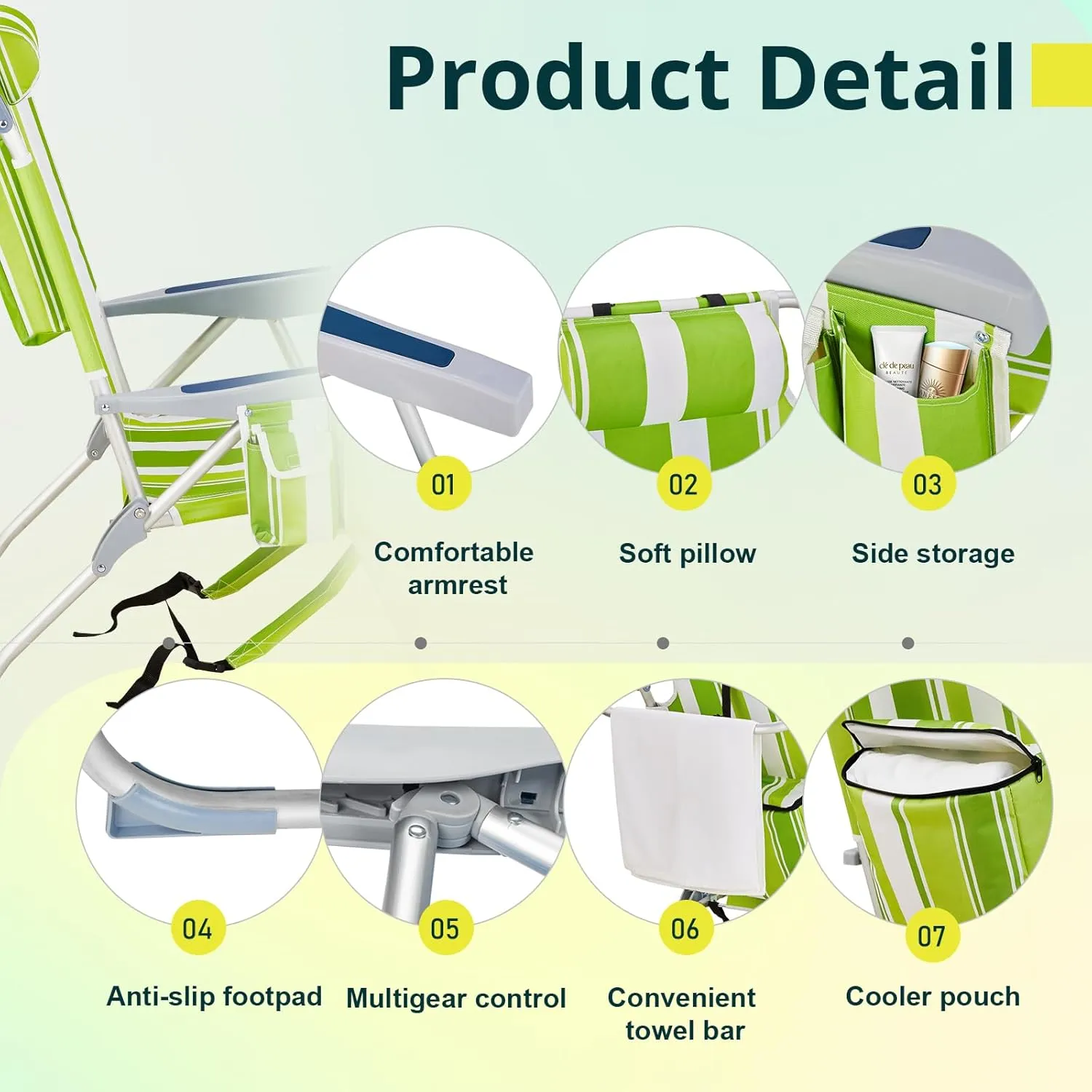 Folding Oversized Backpack Beach Chair 5-Position with Headrest & Cup Holder - Portable Aluminum Adjustable Reclining Camping Chair with Storage Bags, Lightweight & Compact, Green