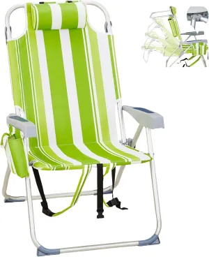 Folding Oversized Backpack Beach Chair 5-Position with Headrest & Cup Holder - Portable Aluminum Adjustable Reclining Camping Chair with Storage Bags, Lightweight & Compact, Green