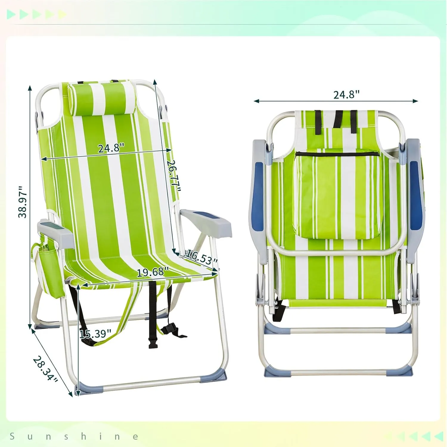 Folding Oversized Backpack Beach Chair 5-Position with Headrest & Cup Holder - Portable Aluminum Adjustable Reclining Camping Chair with Storage Bags, Lightweight & Compact, Green