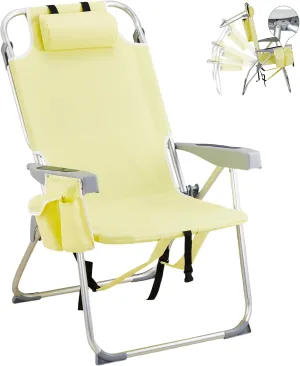 Folding Oversized Backpack Beach Chair 5-Position with Headrest & Cup Holder - Portable Aluminum Adjustable Reclining Camping Chair with Storage Bags, Lightweight & Compact, Yellow
