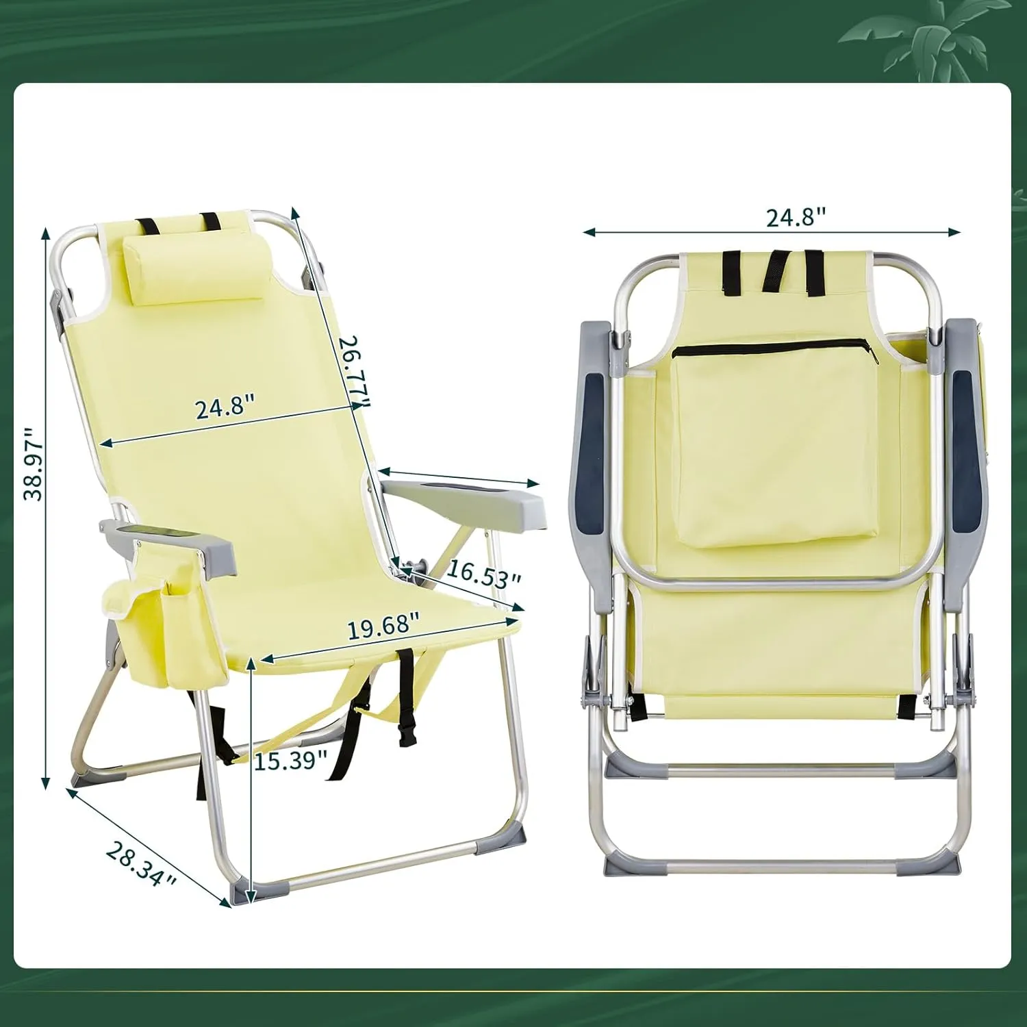 Folding Oversized Backpack Beach Chair 5-Position with Headrest & Cup Holder - Portable Aluminum Adjustable Reclining Camping Chair with Storage Bags, Lightweight & Compact, Yellow