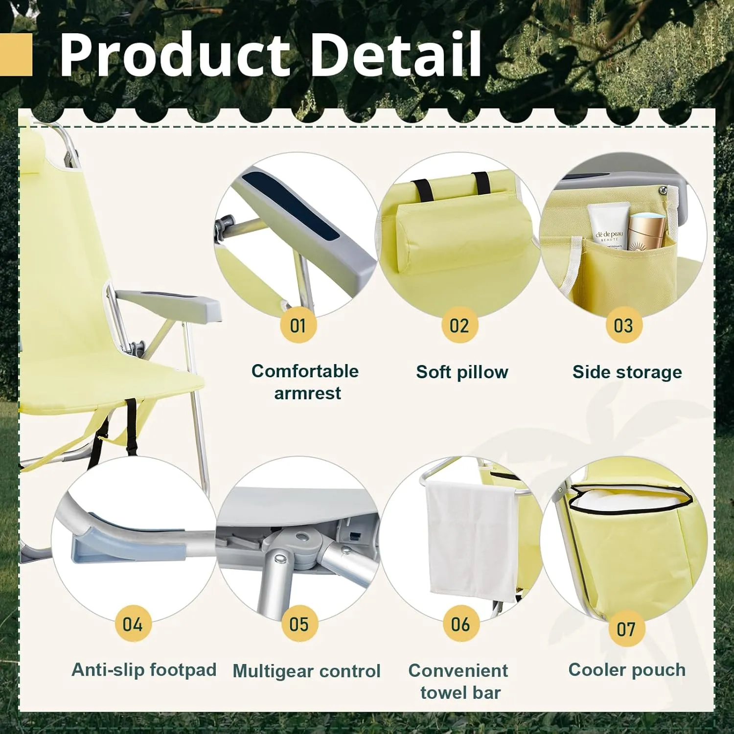Folding Oversized Backpack Beach Chair 5-Position with Headrest & Cup Holder - Portable Aluminum Adjustable Reclining Camping Chair with Storage Bags, Lightweight & Compact, Yellow