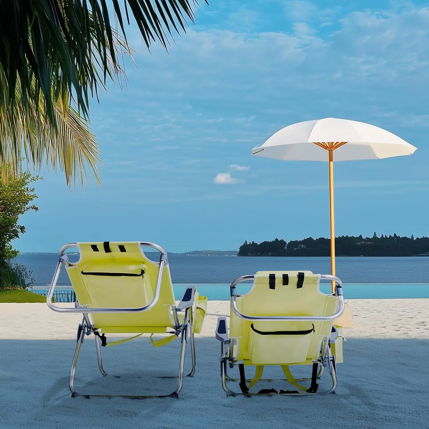 Folding Oversized Backpack Beach Chair 5-Position with Headrest & Cup Holder - Portable Aluminum Adjustable Reclining Camping Chair with Storage Bags, Lightweight & Compact, Yellow
