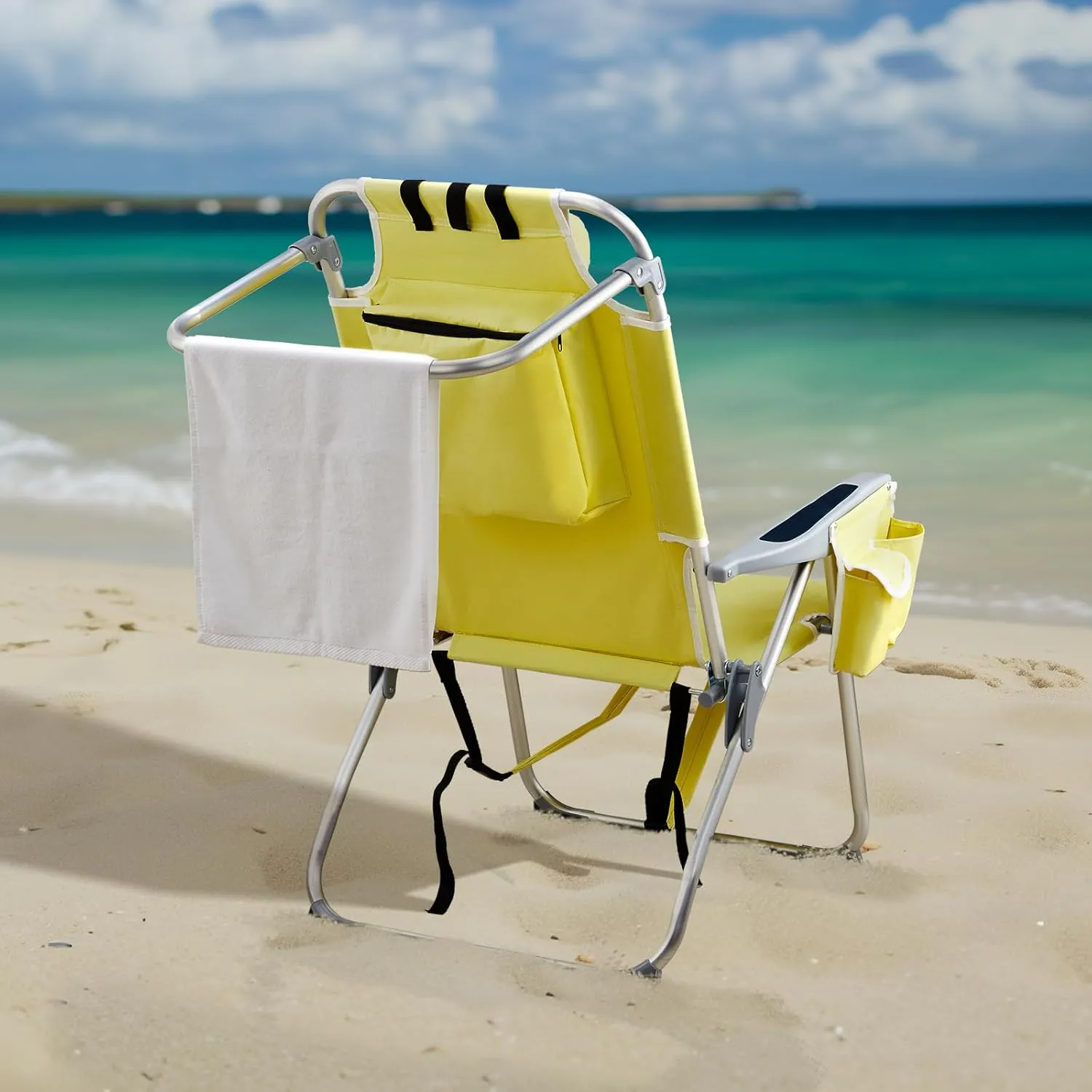 Folding Oversized Backpack Beach Chair 5-Position with Headrest & Cup Holder - Portable Aluminum Adjustable Reclining Camping Chair with Storage Bags, Lightweight & Compact, Yellow