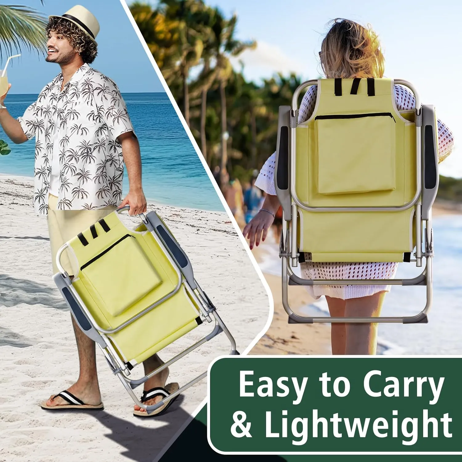 Folding Oversized Backpack Beach Chair 5-Position with Headrest & Cup Holder - Portable Aluminum Adjustable Reclining Camping Chair with Storage Bags, Lightweight & Compact, Yellow