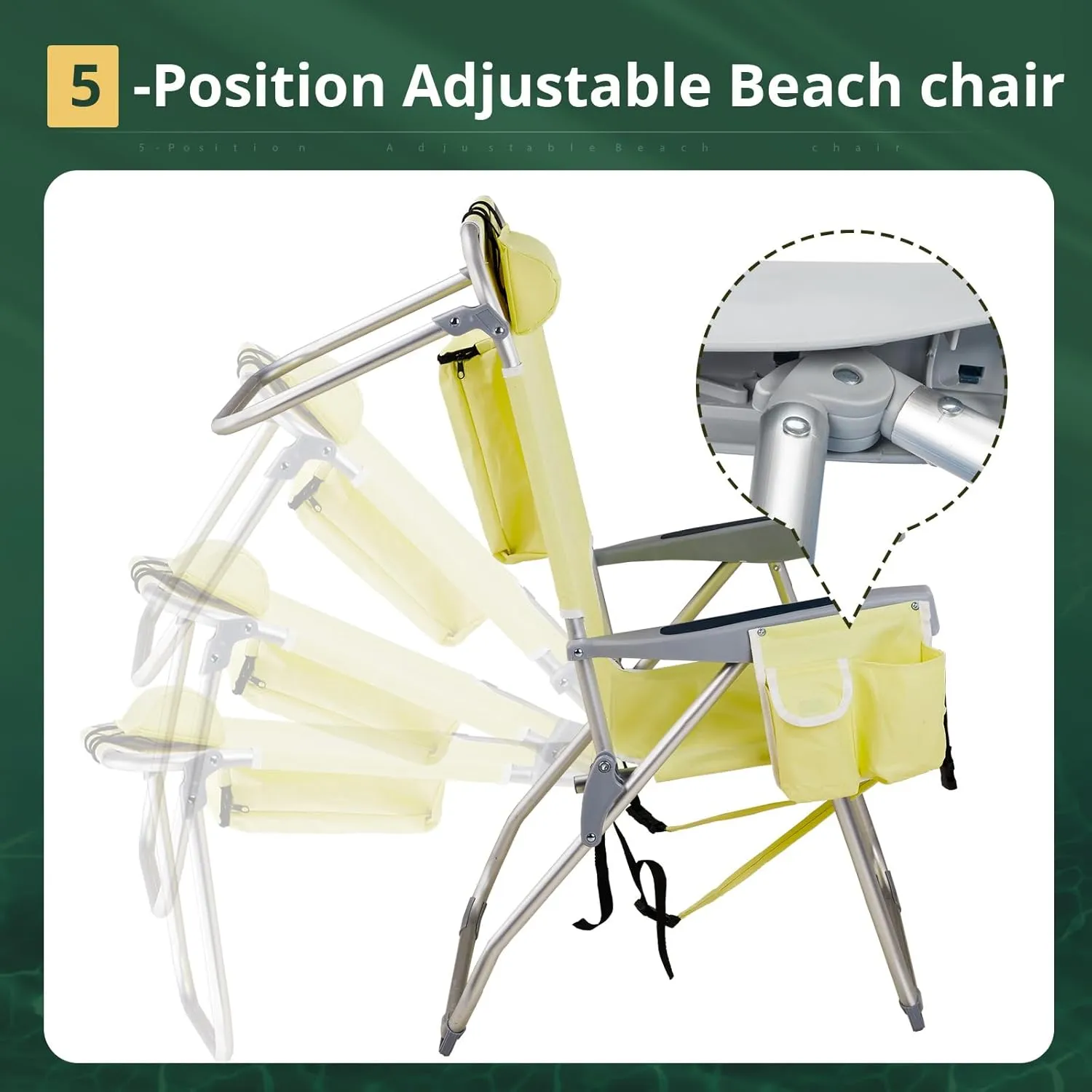 Folding Oversized Backpack Beach Chair 5-Position with Headrest & Cup Holder - Portable Aluminum Adjustable Reclining Camping Chair with Storage Bags, Lightweight & Compact, Yellow