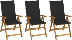 Folding Patio Chairs 3 Pcs with Cushions Solid Acacia Wood Adjustable Reclining Positions Foldable Outdoor Lounge Chairs for Garden, Poolside, Backyard (Black)