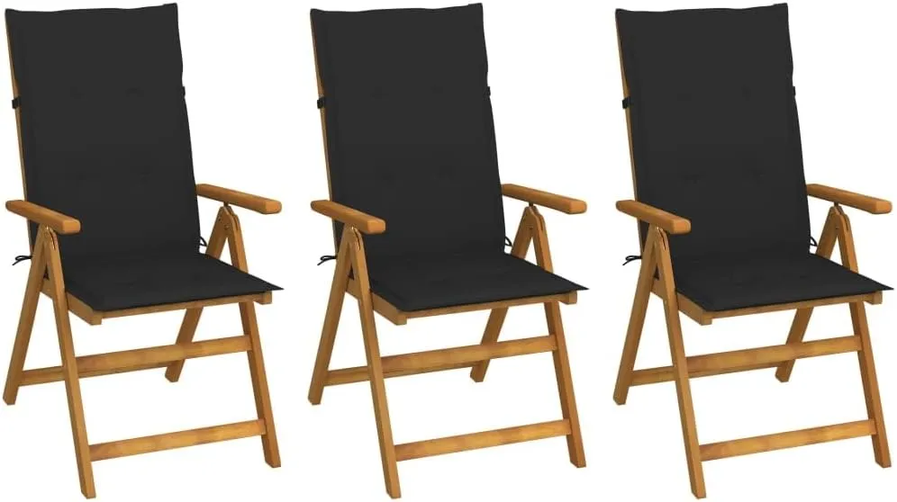 Folding Patio Chairs 3 Pcs with Cushions Solid Acacia Wood Adjustable Reclining Positions Foldable Outdoor Lounge Chairs for Garden, Poolside, Backyard (Black)