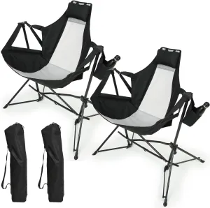 Folding Portable Rocking Hammock Camping Chair with Adjustable Back, Cup Holder and Pillow for Outdoors, Black (Set of 2)