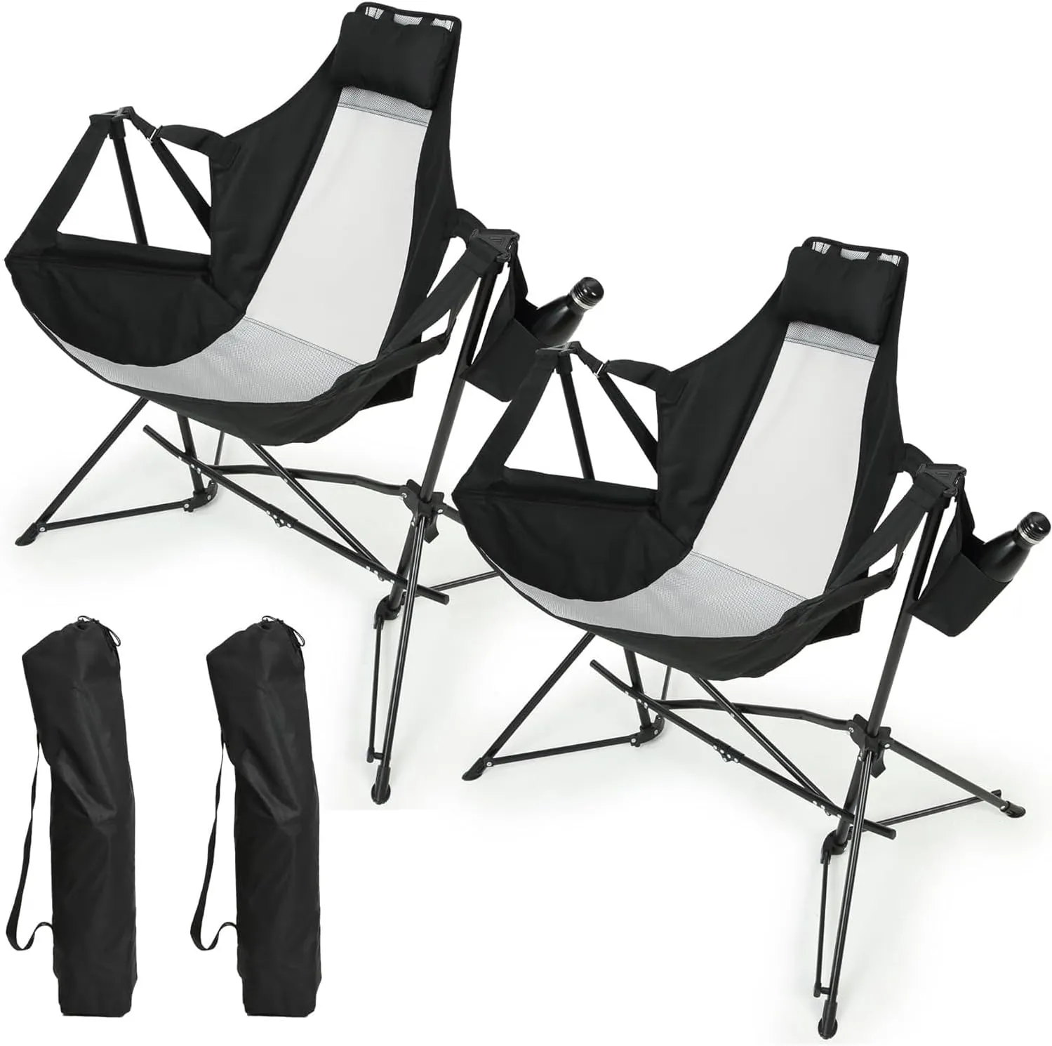 Folding Portable Rocking Hammock Camping Chair with Adjustable Back, Cup Holder and Pillow for Outdoors, Black (Set of 2)