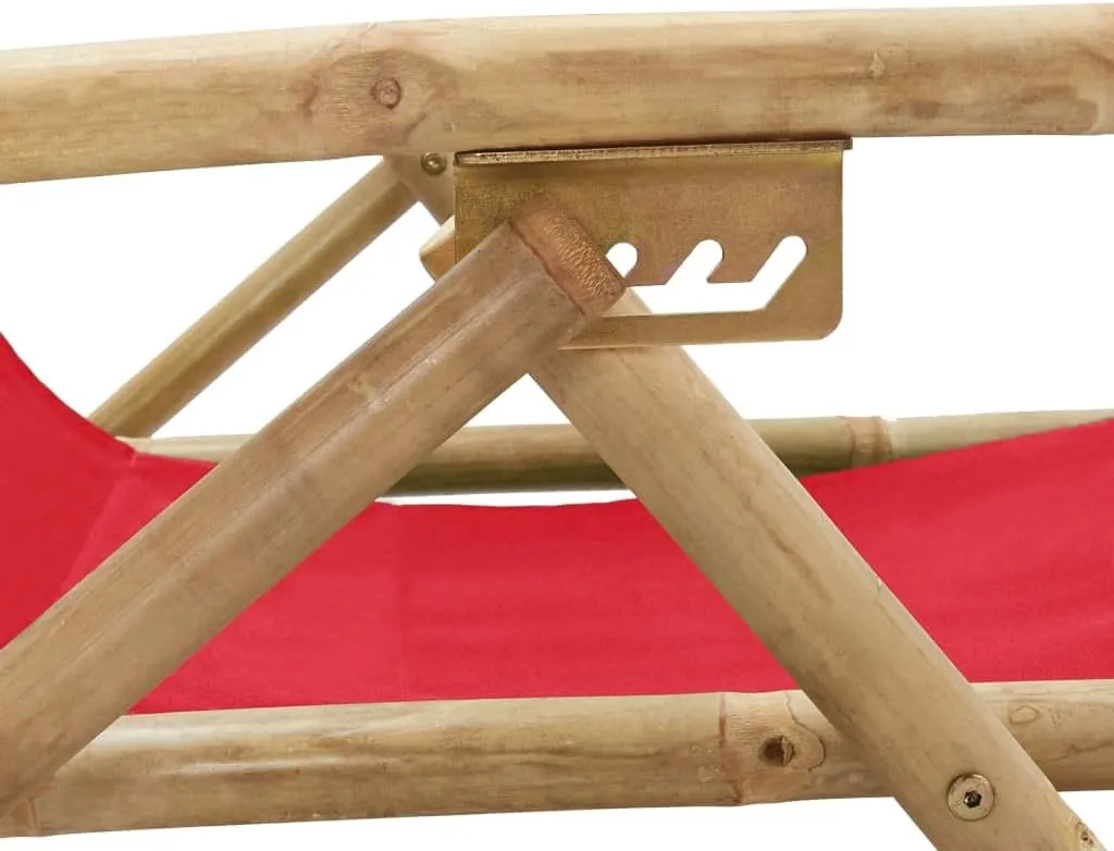 Folding Reclining Chair Red Bamboo and Fabric 4-Position Adjustable Foldable Outdoor Lounge Chair for Patio, Camping, Beach, Poolside Relaxation
