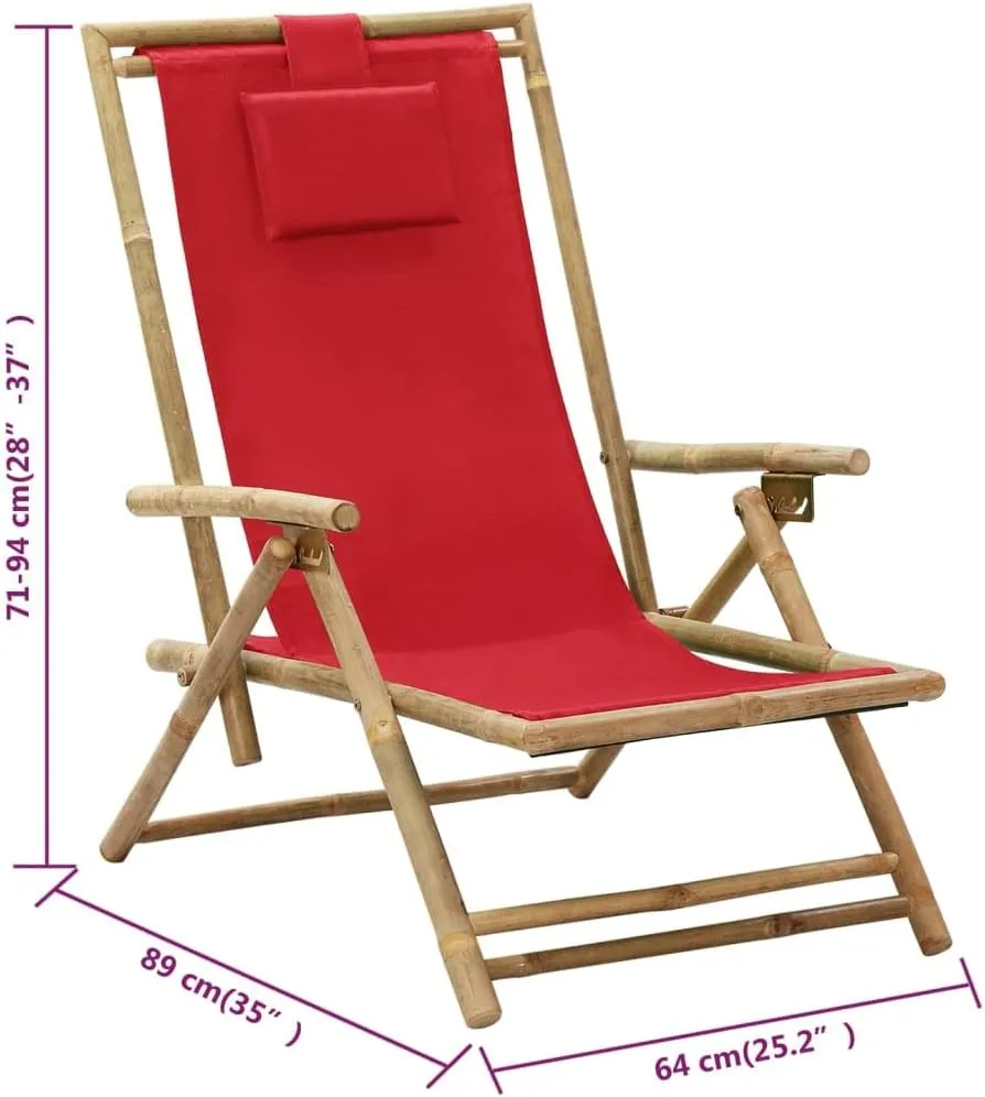 Folding Reclining Chair Red Bamboo and Fabric 4-Position Adjustable Foldable Outdoor Lounge Chair for Patio, Camping, Beach, Poolside Relaxation