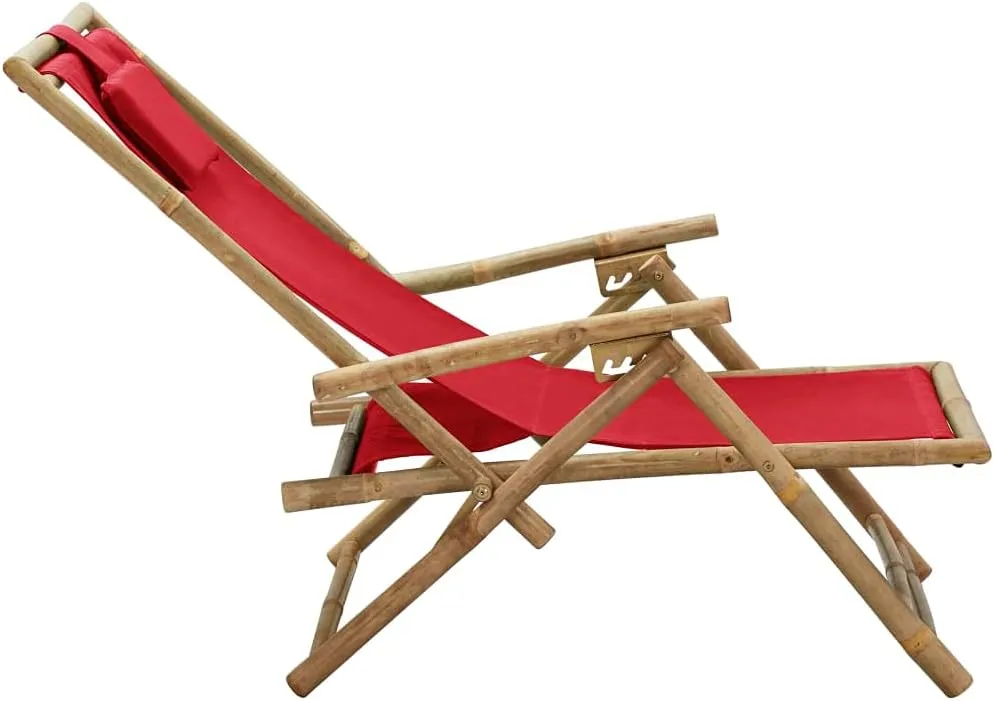 Folding Reclining Chair Red Bamboo and Fabric 4-Position Adjustable Foldable Outdoor Lounge Chair for Patio, Camping, Beach, Poolside Relaxation