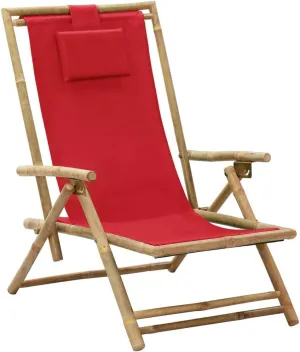 Folding Reclining Chair Red Bamboo and Fabric 4-Position Adjustable Foldable Outdoor Lounge Chair for Patio, Camping, Beach, Poolside Relaxation
