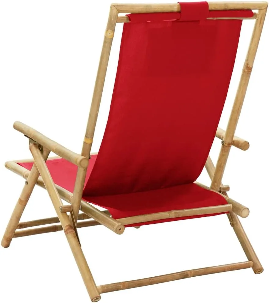 Folding Reclining Chair Red Bamboo and Fabric 4-Position Adjustable Foldable Outdoor Lounge Chair for Patio, Camping, Beach, Poolside Relaxation