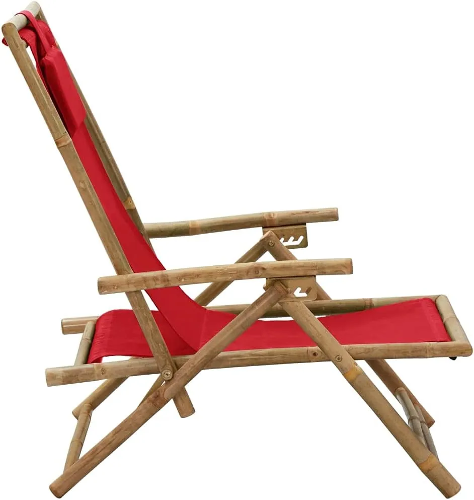 Folding Reclining Chair Red Bamboo and Fabric 4-Position Adjustable Foldable Outdoor Lounge Chair for Patio, Camping, Beach, Poolside Relaxation