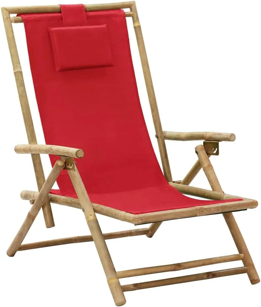 Folding Reclining Chair Red Bamboo and Fabric 4-Position Adjustable Foldable Outdoor Lounge Chair for Patio, Camping, Beach, Poolside Relaxation