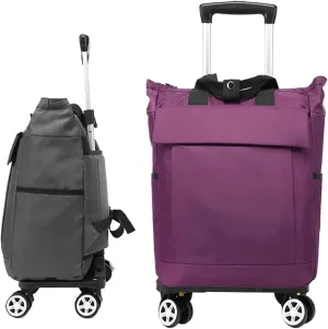 Folding Shopping Cart, 4 Wheels Shopping Trolley Foldable Aluminum Alloy Portable 2-in-1 Detachable Shopping Cart Bag for Supermarket Travel Grocery Utility Carts(Purple)