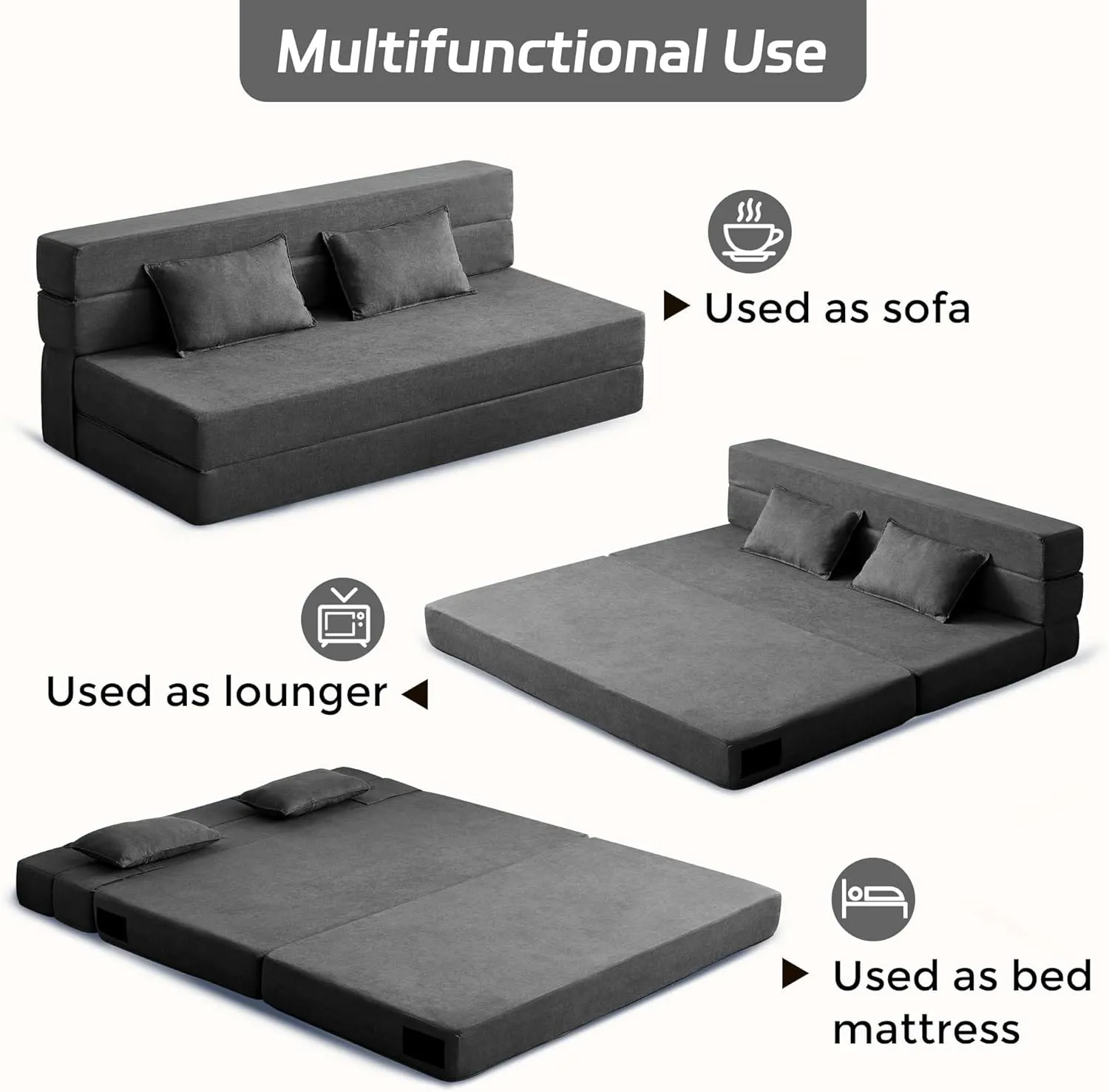 Folding Sofa Bed, 3-in-1 Convertible Sleeper Chair with Pillow, Linen Foldable Mattress Futon, Memory Foam Floor Couch for Living Room/Dorm/Guest Room/Home Office/Bedroom, Queen, Dark Gray