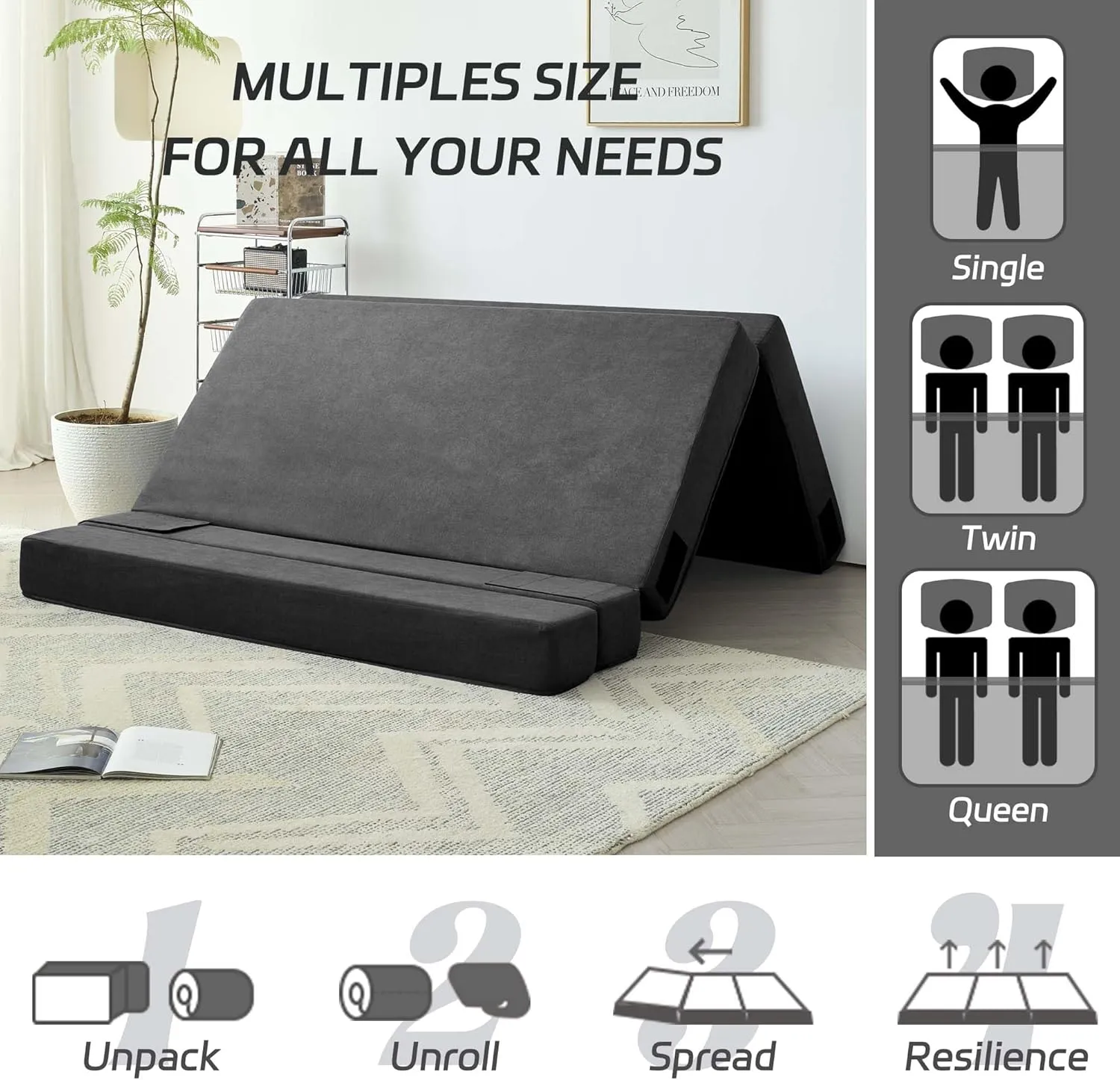 Folding Sofa Bed, 3-in-1 Convertible Sleeper Chair with Pillow, Linen Foldable Mattress Futon, Memory Foam Floor Couch for Living Room/Dorm/Guest Room/Home Office/Bedroom, Queen, Dark Gray