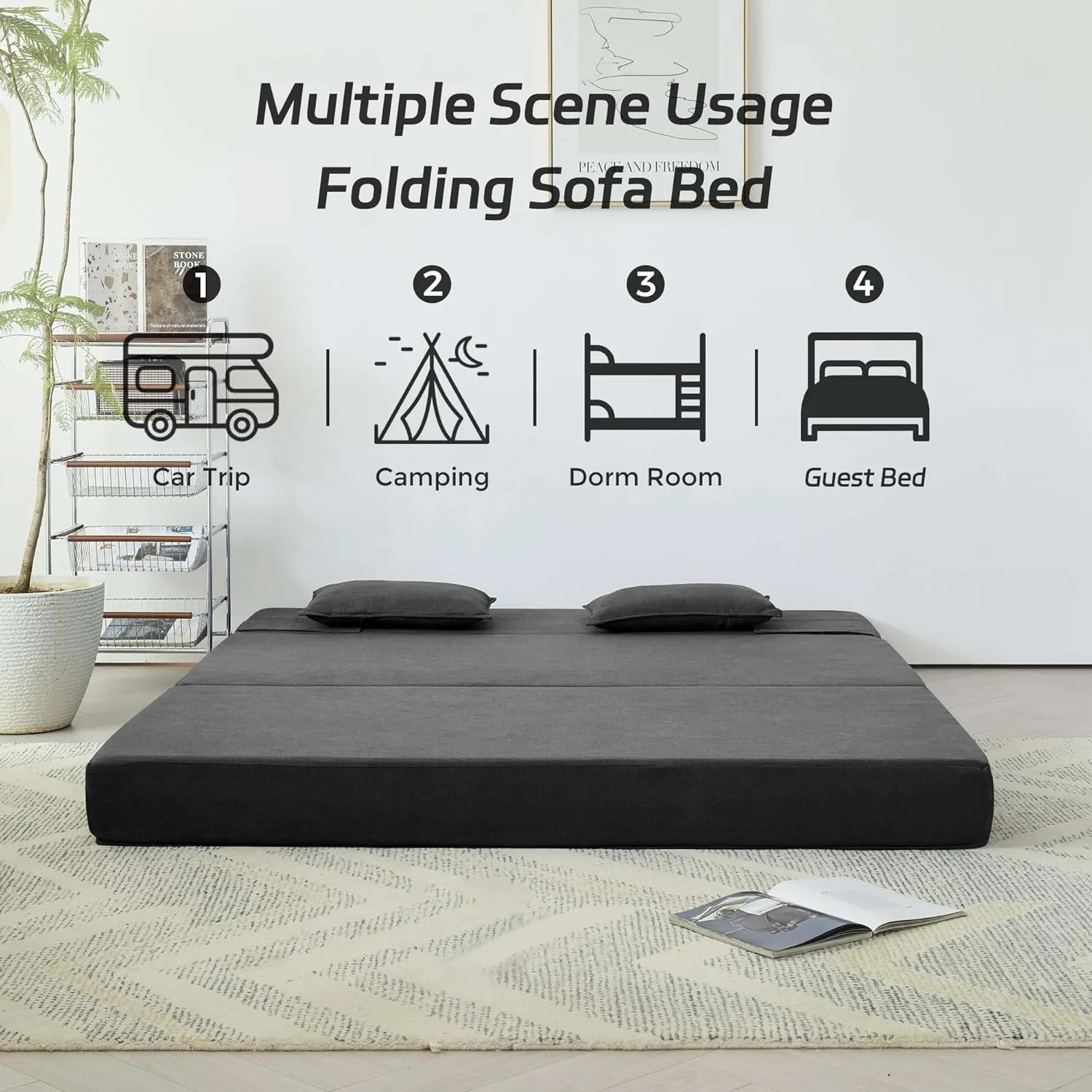 Folding Sofa Bed, 3-in-1 Convertible Sleeper Chair with Pillow, Linen Foldable Mattress Futon, Memory Foam Floor Couch for Living Room/Dorm/Guest Room/Home Office/Bedroom, Queen, Dark Gray