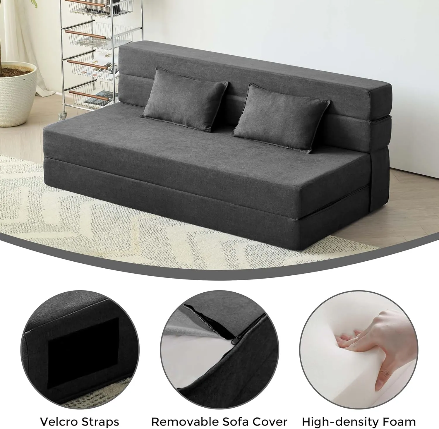 Folding Sofa Bed, 3-in-1 Convertible Sleeper Chair with Pillow, Linen Foldable Mattress Futon, Memory Foam Floor Couch for Living Room/Dorm/Guest Room/Home Office/Bedroom, Queen, Dark Gray