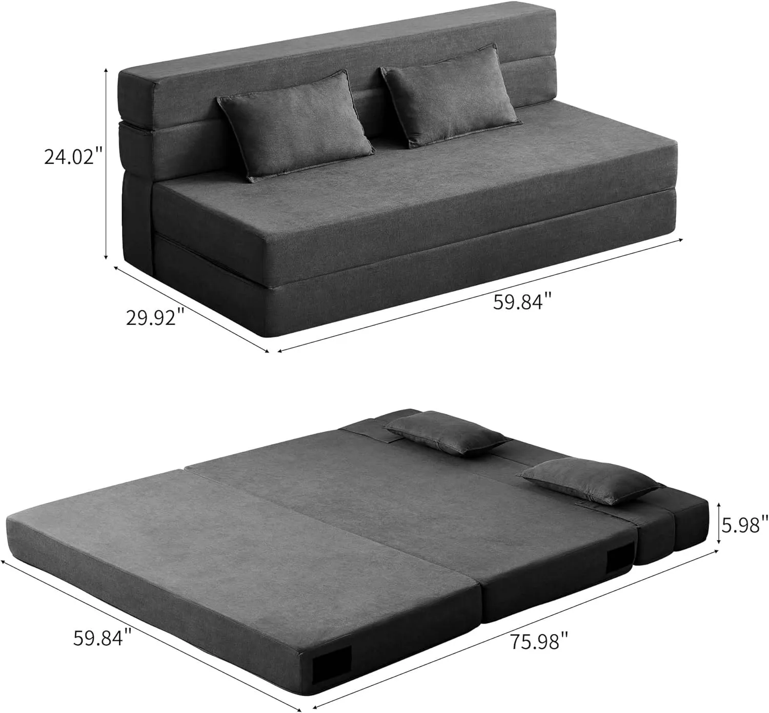 Folding Sofa Bed, 3-in-1 Convertible Sleeper Chair with Pillow, Linen Foldable Mattress Futon, Memory Foam Floor Couch for Living Room/Dorm/Guest Room/Home Office/Bedroom, Queen, Dark Gray