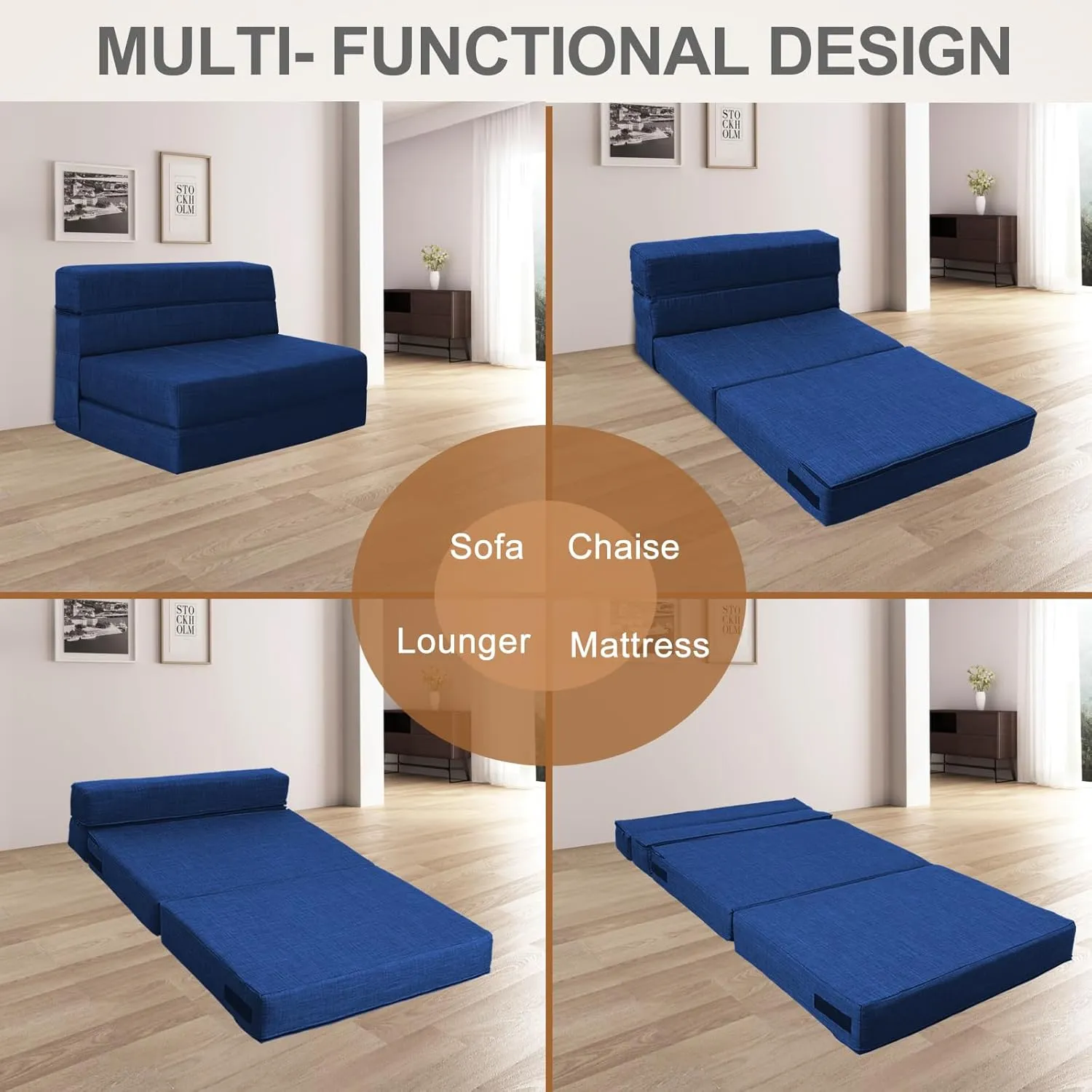 Folding Sofa Bed Couch Memory Foam with Pillow Sleeper Chair Lazy Couch Twin Size Futon Convertible Guest Beds,Washable Cover,Dark Blue