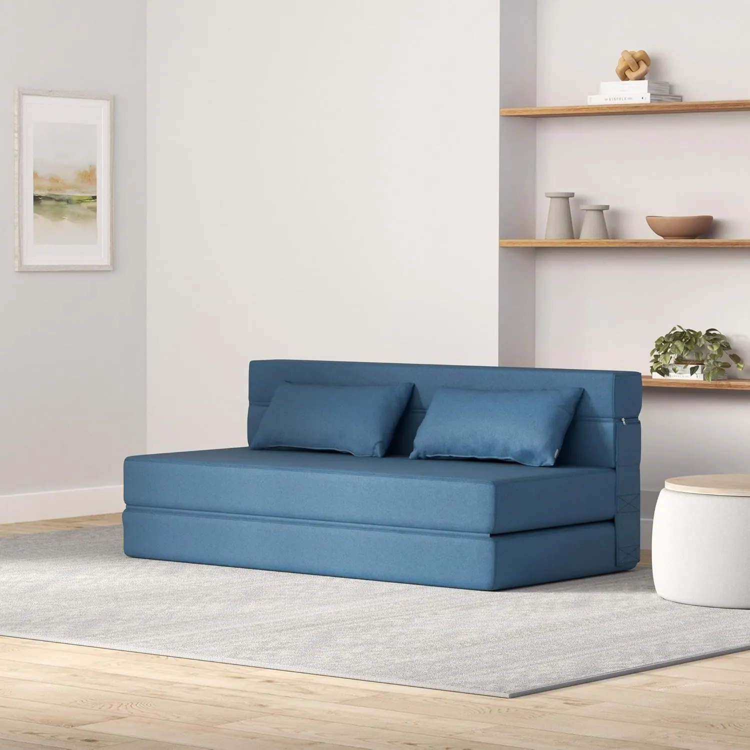 Folding Sofa Bed with Pillows - Convertible Chair Floor Couch & Sleeping Mattress - Foldable Memory Foam Sleeper for Living Room/Dorm/Guest Room/Home Office/Apartment/Upstairs Loft, Light Blue