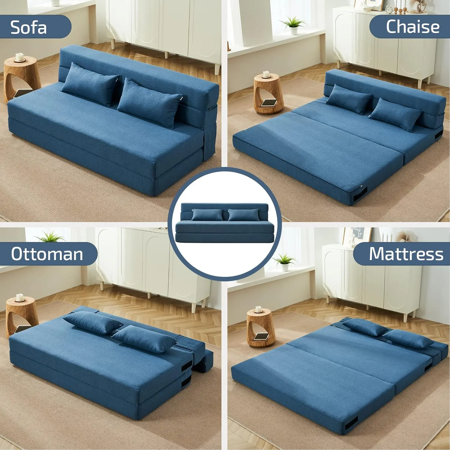 Folding Sofa Bed with Pillows - Convertible Chair Floor Couch & Sleeping Mattress - Foldable Memory Foam Sleeper for Living Room/Dorm/Guest Room/Home Office/Apartment/Upstairs Loft, Light Blue
