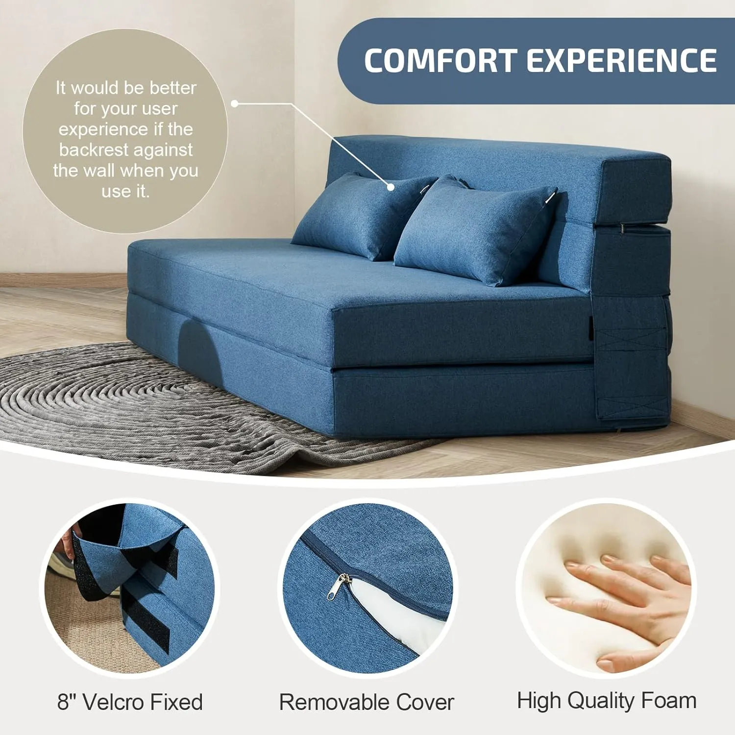 Folding Sofa Bed with Pillows - Convertible Chair Floor Couch & Sleeping Mattress - Foldable Memory Foam Sleeper for Living Room/Dorm/Guest Room/Home Office/Apartment/Upstairs Loft, Light Blue