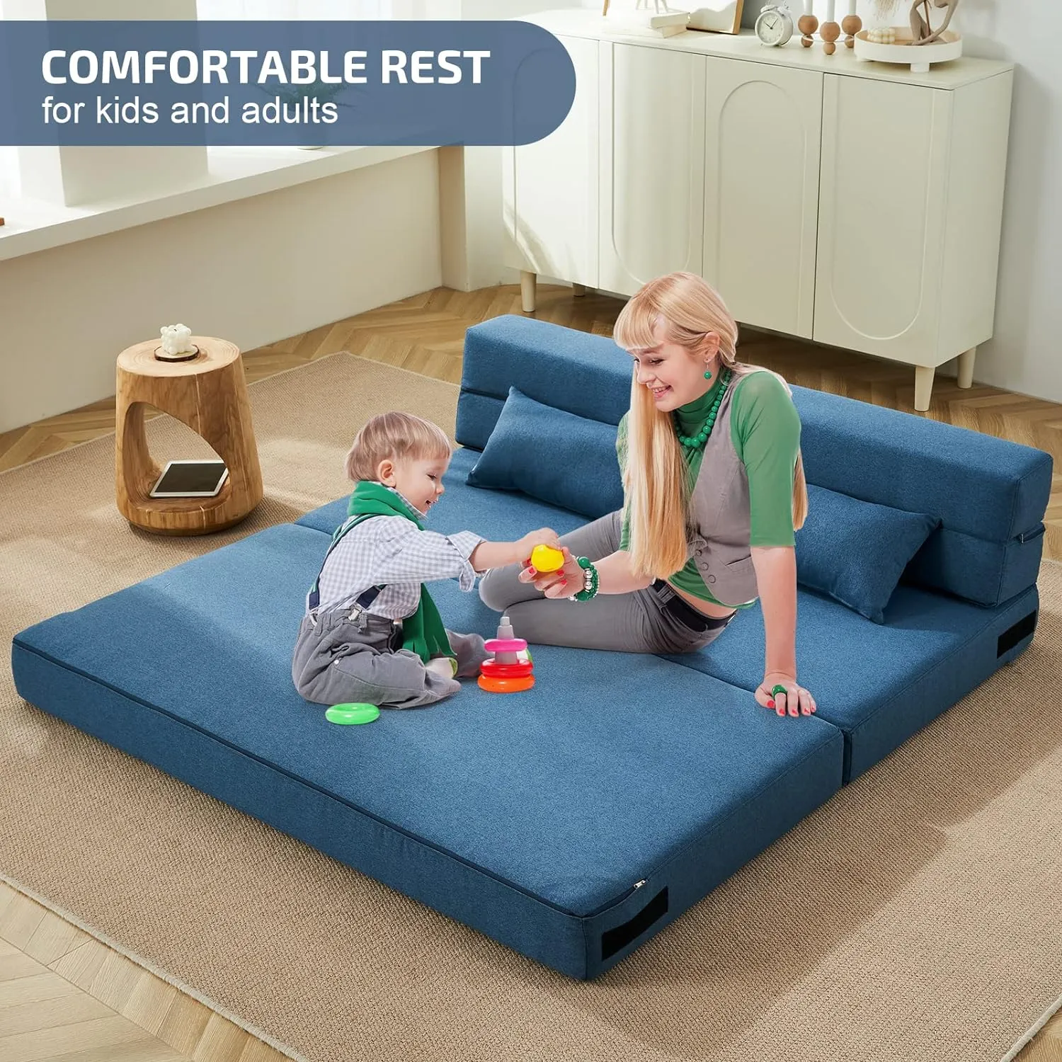 Folding Sofa Bed with Pillows - Convertible Chair Floor Couch & Sleeping Mattress - Foldable Memory Foam Sleeper for Living Room/Dorm/Guest Room/Home Office/Apartment/Upstairs Loft, Light Blue