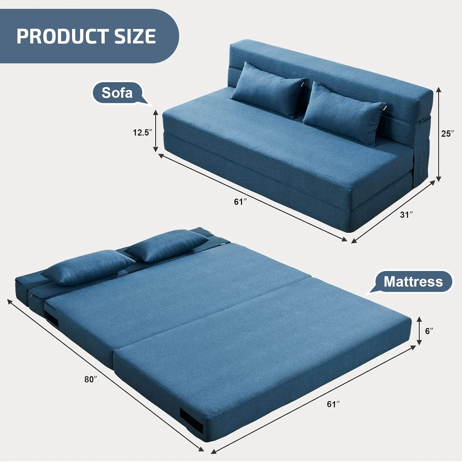 Folding Sofa Bed with Pillows - Convertible Chair Floor Couch & Sleeping Mattress - Foldable Memory Foam Sleeper for Living Room/Dorm/Guest Room/Home Office/Apartment/Upstairs Loft, Light Blue