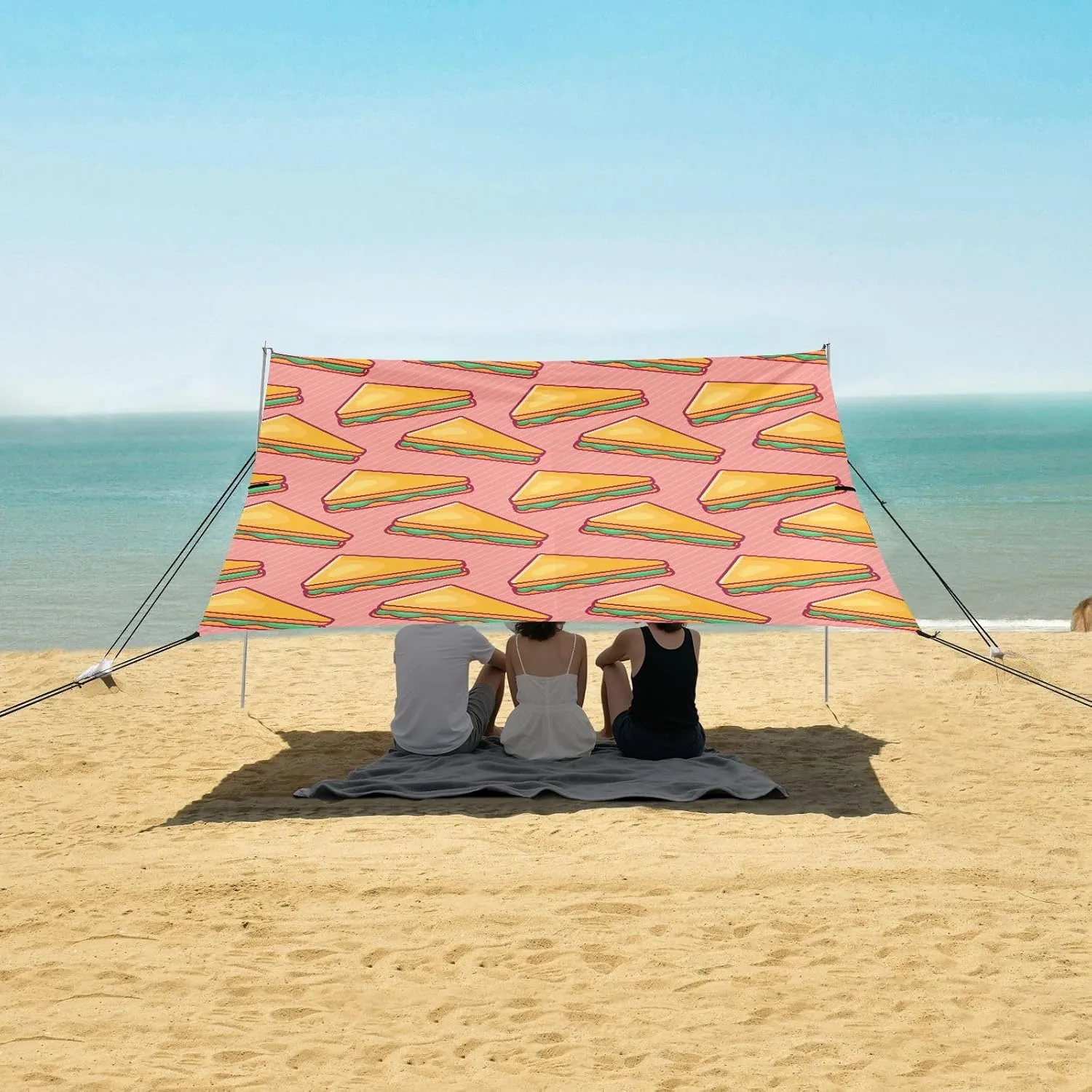 Food Sandwich Pattern Beach Canopy Tent Anti-UV & Wind Resistant, Camping Sun Shelter Easy Setup Portable,Outdoor Shade Tents with Sandbags,Sand Shovels,Ground Pegs & Stability Poles
