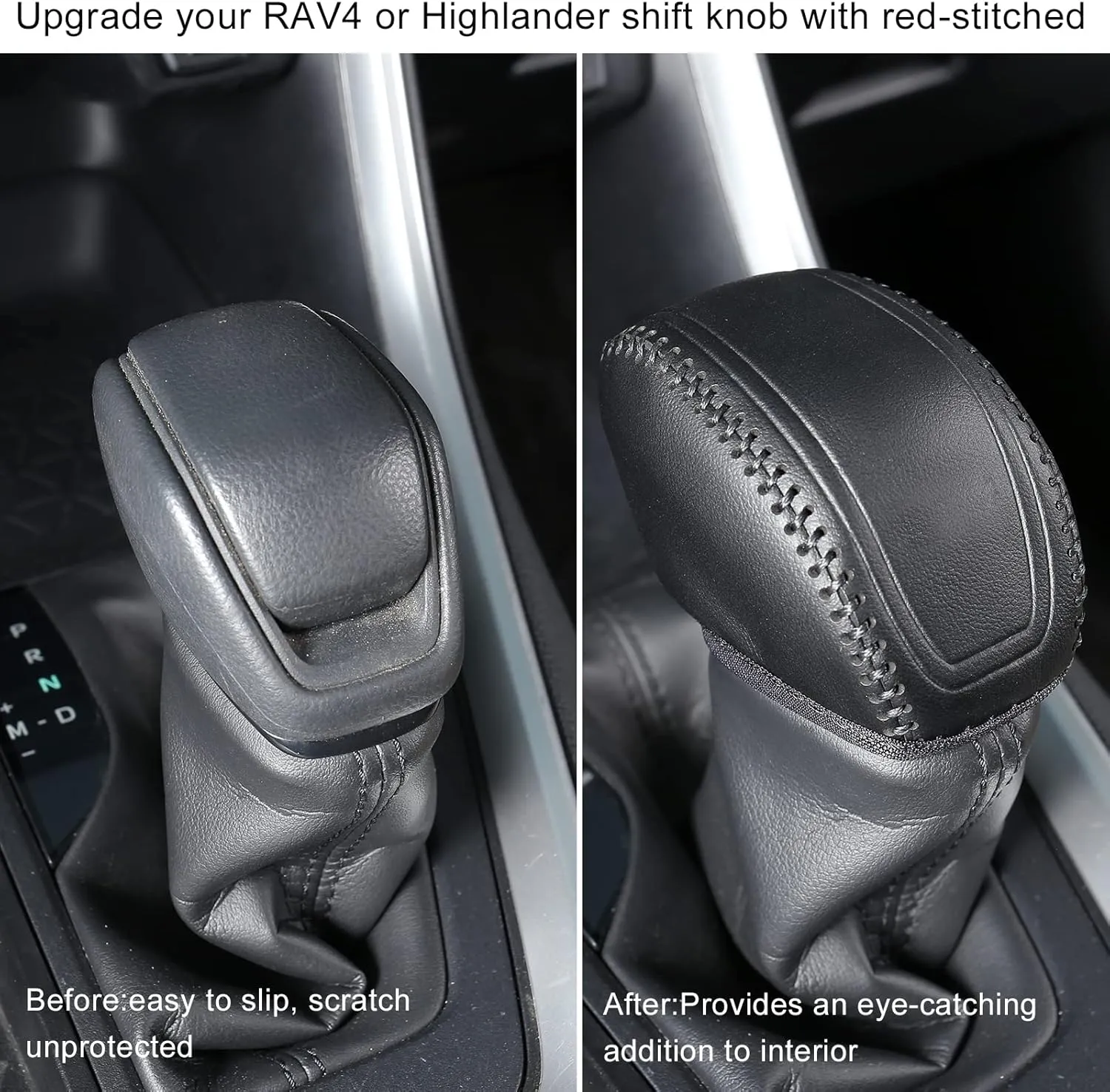 for Toyota RAV4 2019-2025 Gear Shift Knob Cover, Genuine Leather Interior Protective Gear Shift Trim for Toyota Highlander 2020-2025- Black Trim