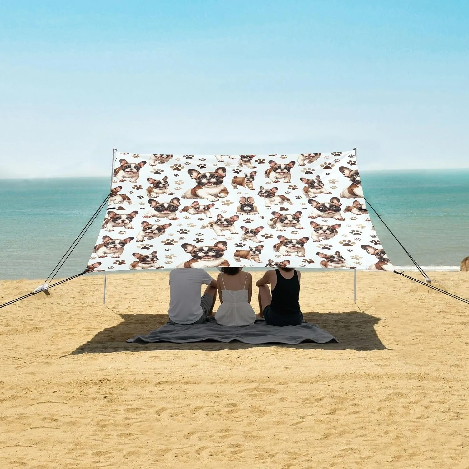 French Bulldog Dogpaws Beach Canopy Tent Anti-UV & Wind Resistant, Camping Sun Shelter Easy Setup Portable,Outdoor Shade Tents with Sandbags,Sand Shovels,Ground Pegs & Stability Poles