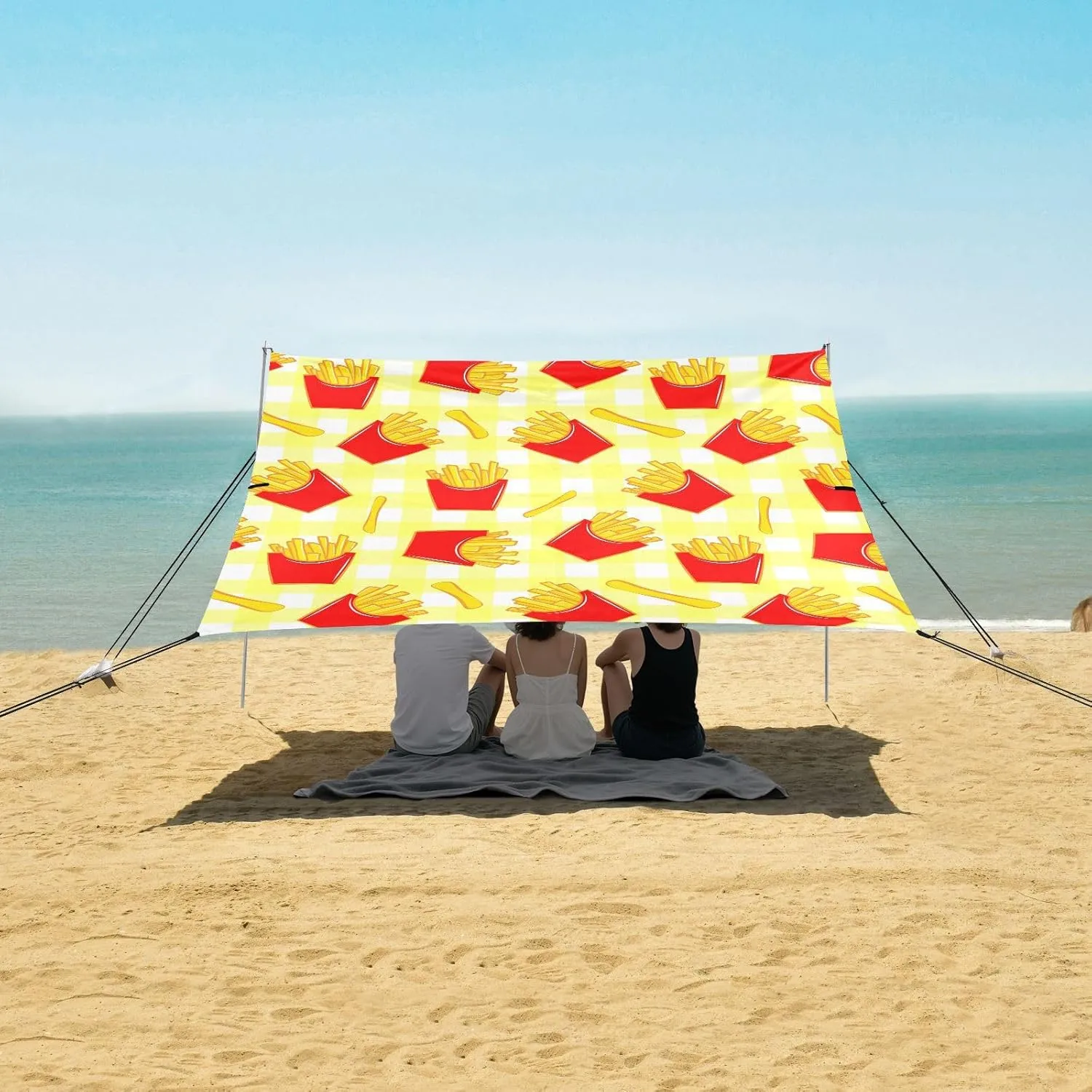 French Fries Fast Food Beach Canopy Tent Anti-UV & Wind Resistant, Camping Sun Shelter Easy Setup Portable,Outdoor Shade Tents with Sandbags,Sand Shovels,Ground Pegs & Stability Poles