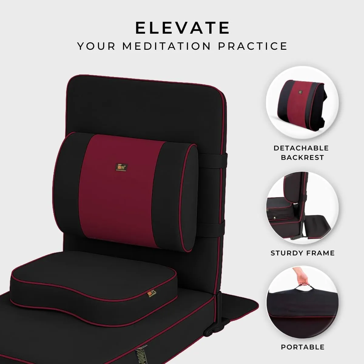 Friends of Meditation Extra Large Meditation Chair | Floor Chair with Back Support | Yoga Chairs for Adults | Portable Folding Chair | Yoga Chair with Cushion & Meditation Block | Black | 24x22 in
