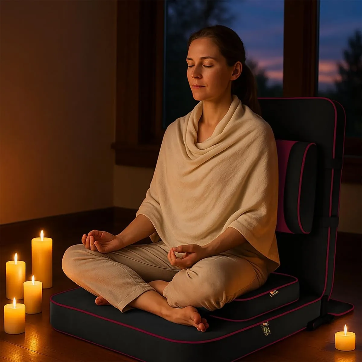 Friends of Meditation Extra Large Meditation Chair | Floor Chair with Back Support | Yoga Chairs for Adults | Portable Folding Chair | Yoga Chair with Cushion & Meditation Block | Black | 24x22 in