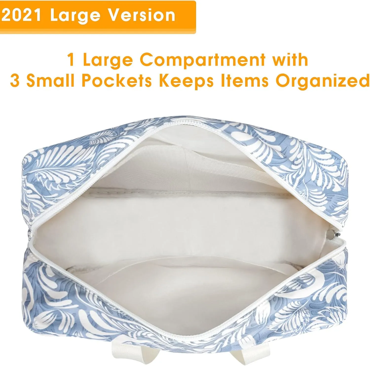Full Size Toiletry Bag Women Large Cosmetic Bag Travel Makeup Bag Organizer Medicine Bag for Toiletries Essentials Accessories (Large, Blue Leaf)