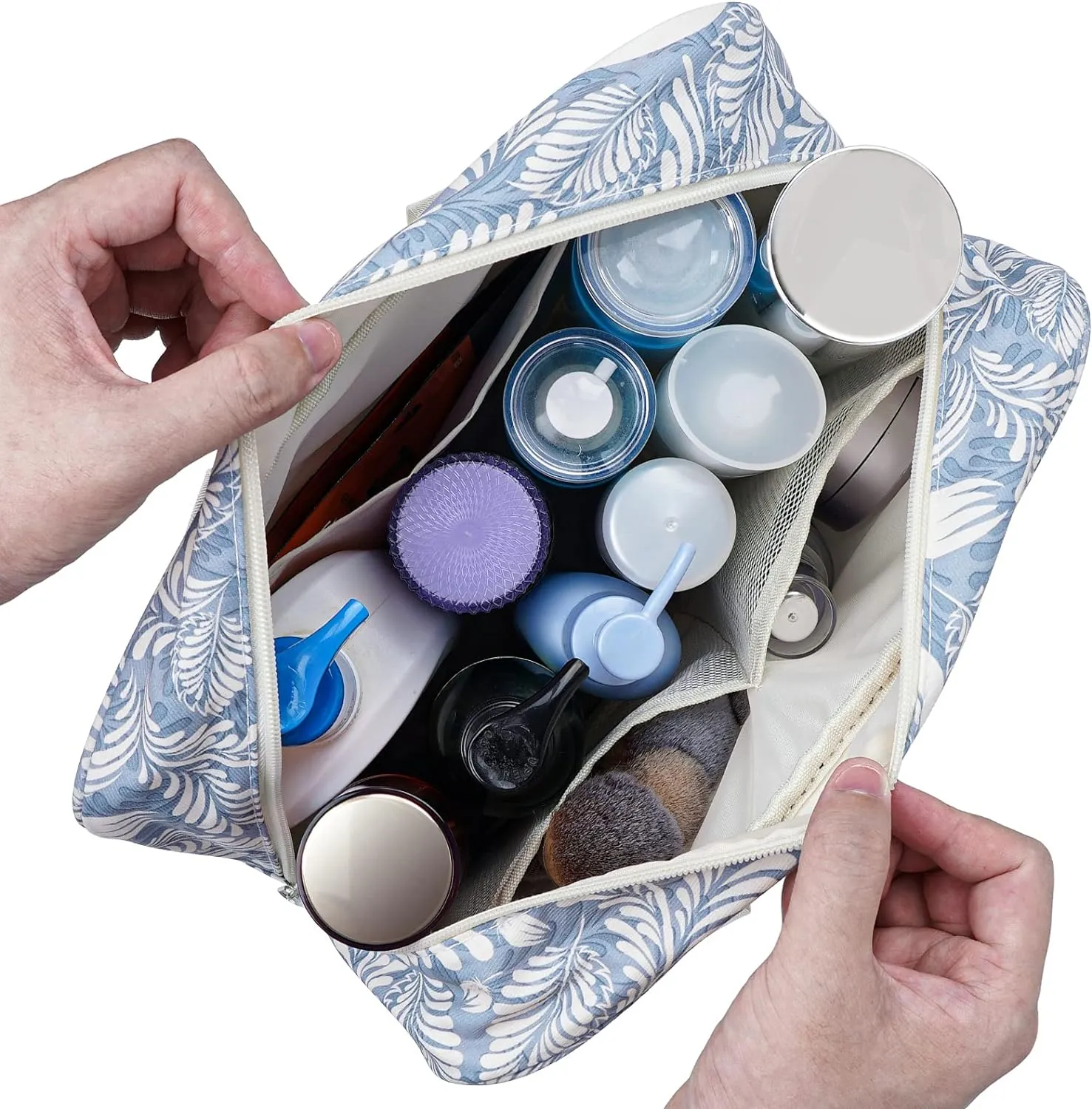 Full Size Toiletry Bag Women Large Cosmetic Bag Travel Makeup Bag Organizer Medicine Bag for Toiletries Essentials Accessories (Large, Blue Leaf)