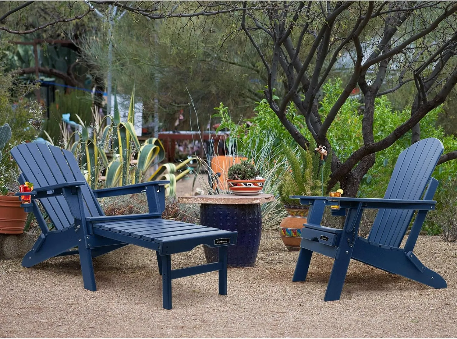 FUNBERRY Adjustable Folding Adirondack Chair with Retractable Ottoman, All Weather Fire Pit Chairs with Cup Holder