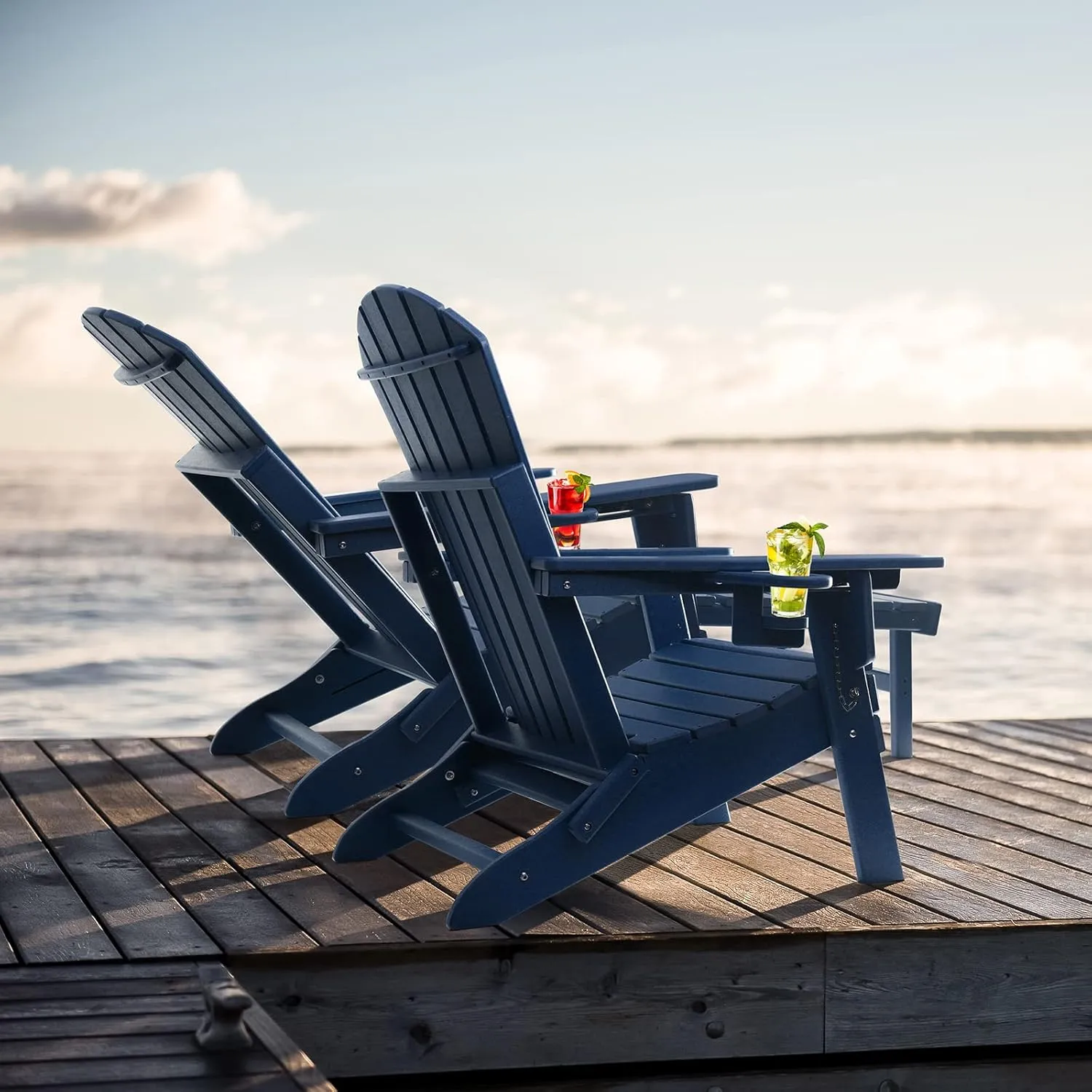 FUNBERRY Adjustable Folding Adirondack Chair with Retractable Ottoman, All Weather Fire Pit Chairs with Cup Holder