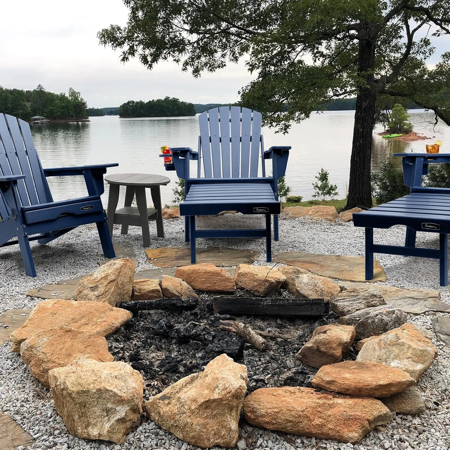 FUNBERRY Adjustable Folding Adirondack Chair with Retractable Ottoman, All Weather Fire Pit Chairs with Cup Holder