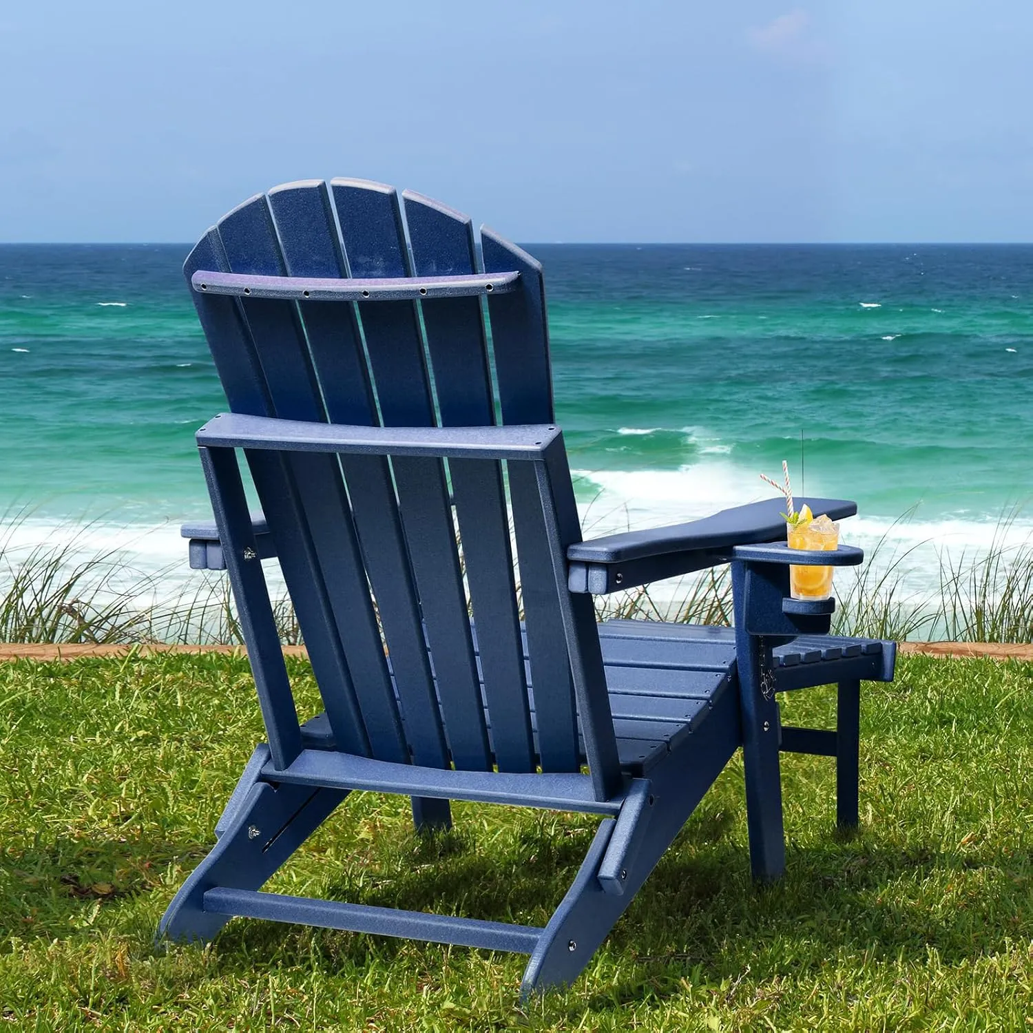 FUNBERRY Adjustable Folding Adirondack Chair with Retractable Ottoman, All Weather Fire Pit Chairs with Cup Holder