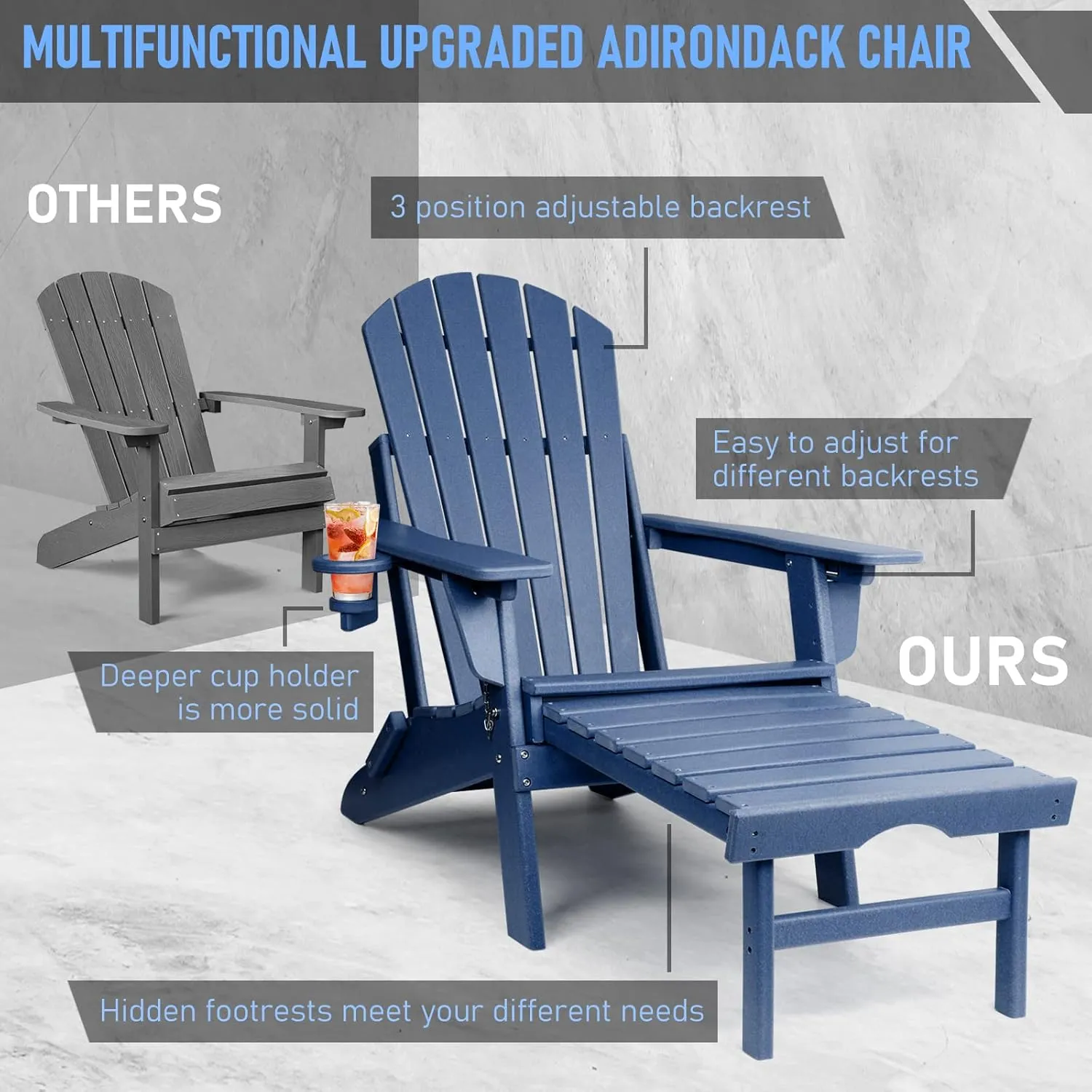 FUNBERRY Adjustable Folding Adirondack Chair with Retractable Ottoman, All Weather Fire Pit Chairs with Cup Holder