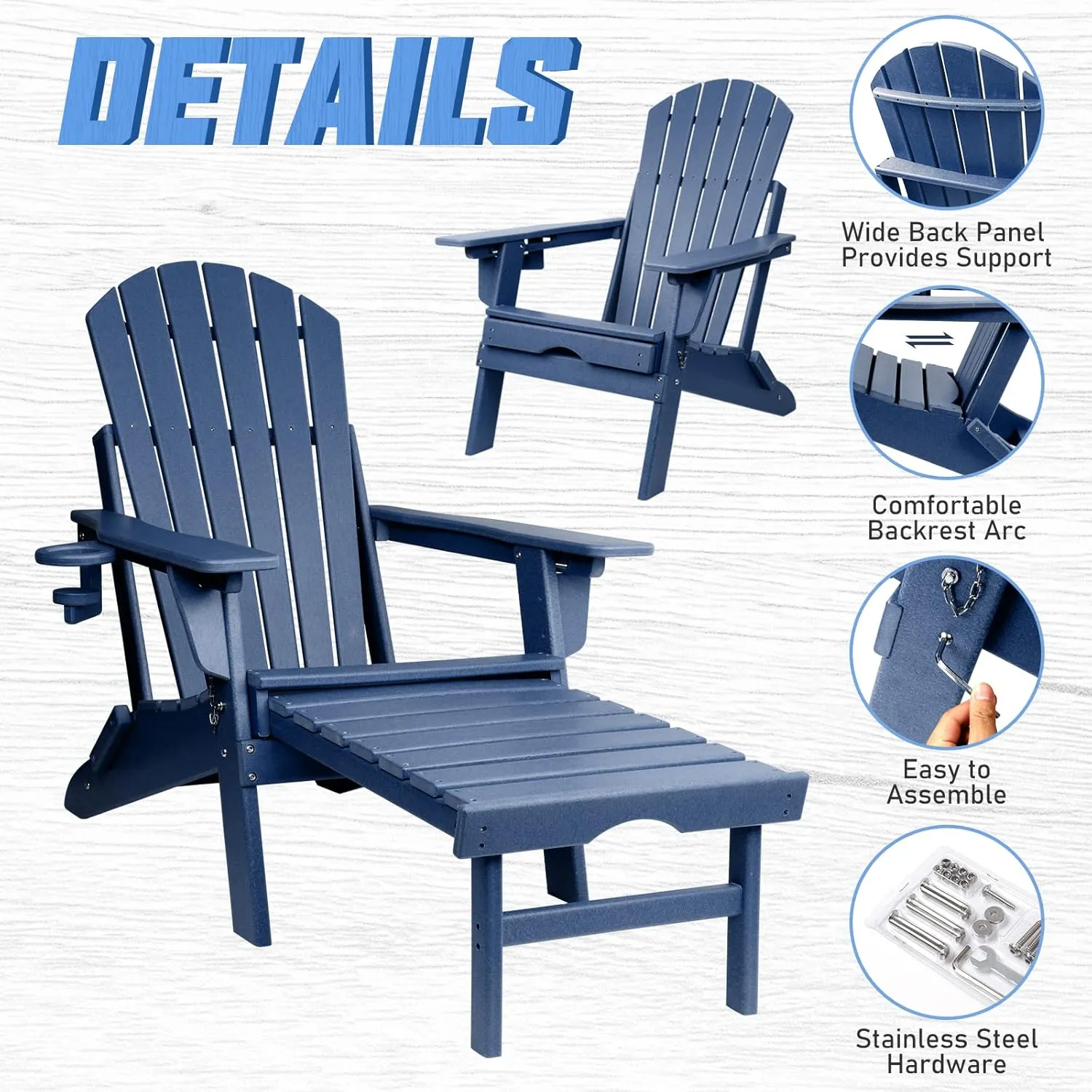 FUNBERRY Adjustable Folding Adirondack Chair with Retractable Ottoman, All Weather Fire Pit Chairs with Cup Holder