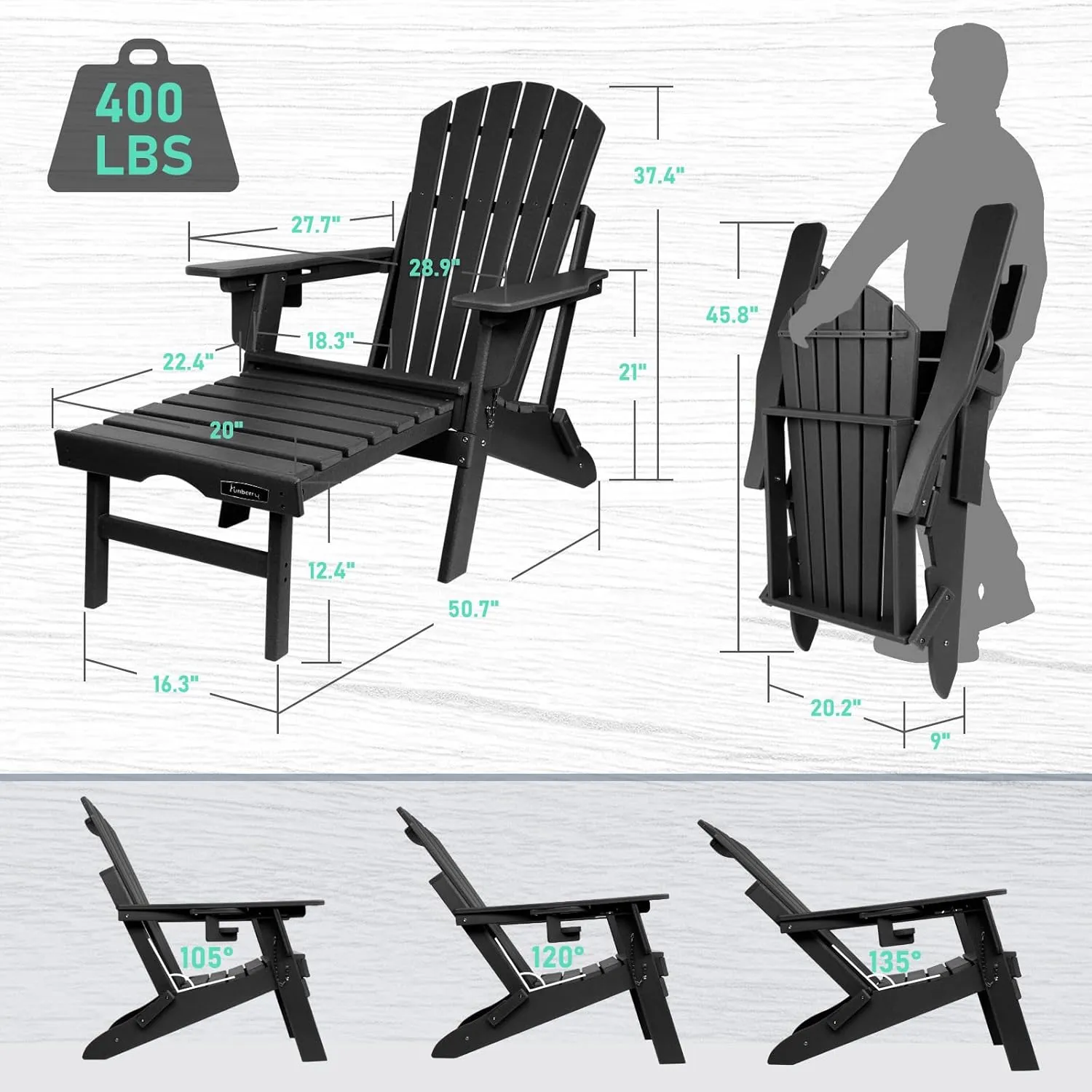 FUNBERRY Adjustable Folding Adirondack Chairs Set of 4 with Retractable Ottoman, All Weather Fire Pit Chairs with Cup Holder