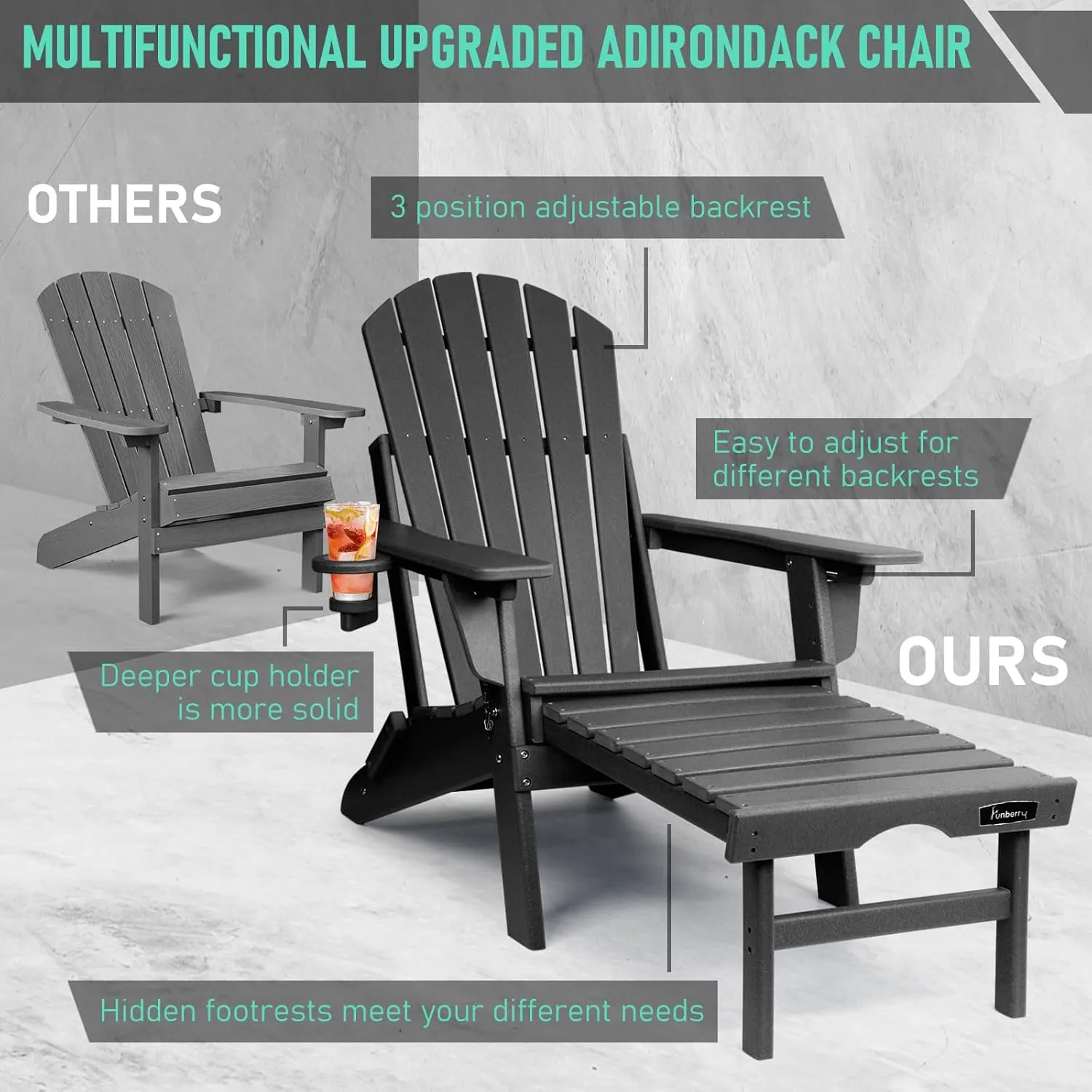 FUNBERRY Adjustable Folding Adirondack Chairs Set of 4 with Retractable Ottoman, All Weather Fire Pit Chairs with Cup Holder